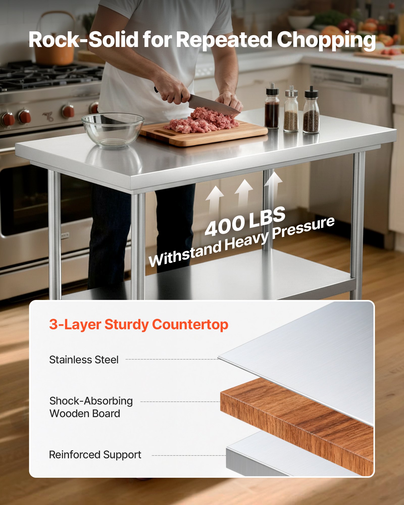 VEVOR Mesa de Trabajo de Acero Inoxidable, Mesa de Preparación con 4 Ruedas, Estantería de Trabajo de Preparación de Alimentos con Estantes Ajustables para Cocina, Garaje, Taller, 90 x 60 x 85 cm