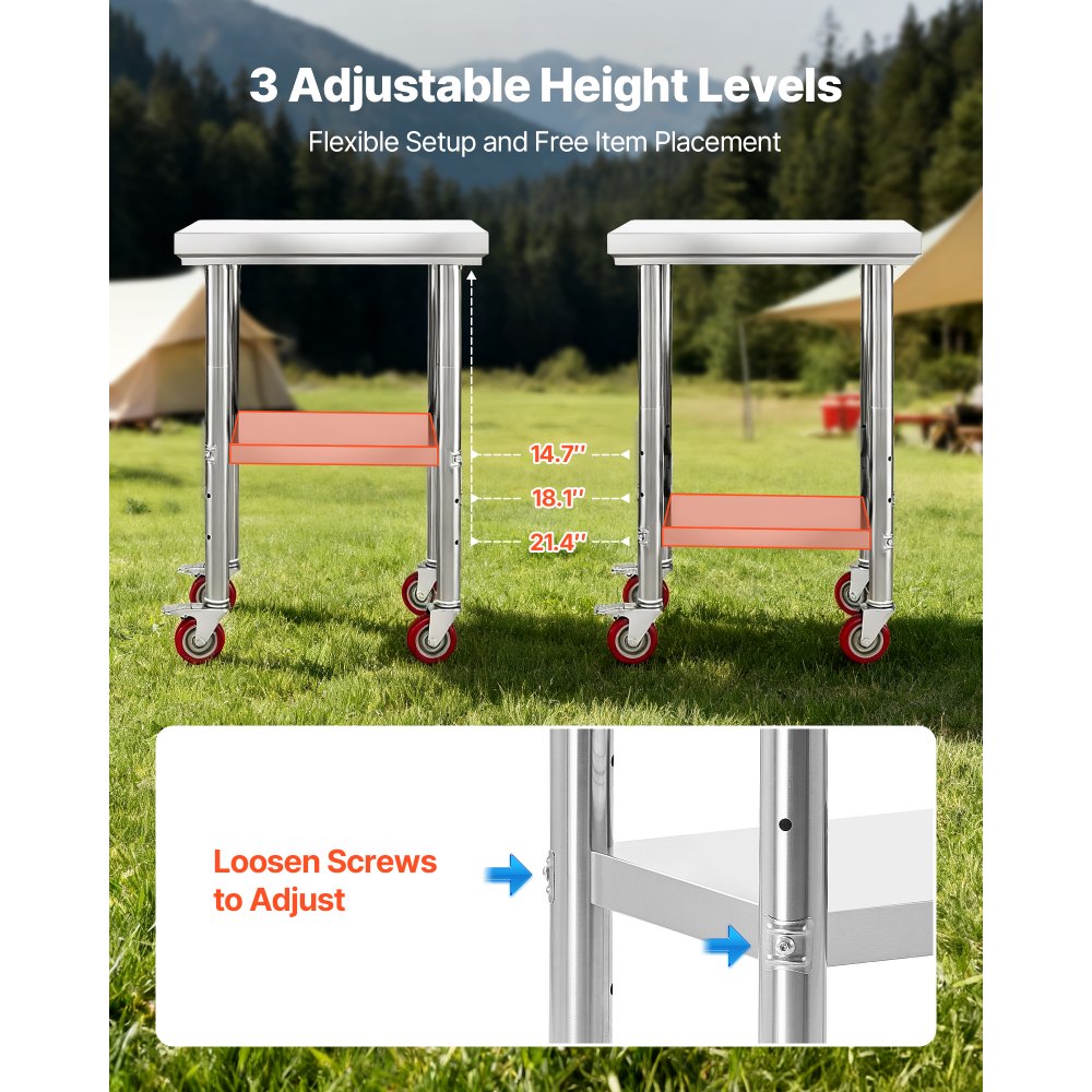 VEVOR Stainless Steel Table, 61 x 45 cm Food Prep Worktable with Wheels, Kitchen Prep Table with Adjustable Undershelf Workstations for Commercial Kitchen, Restaurant, Hotel and Garage, Outdoor