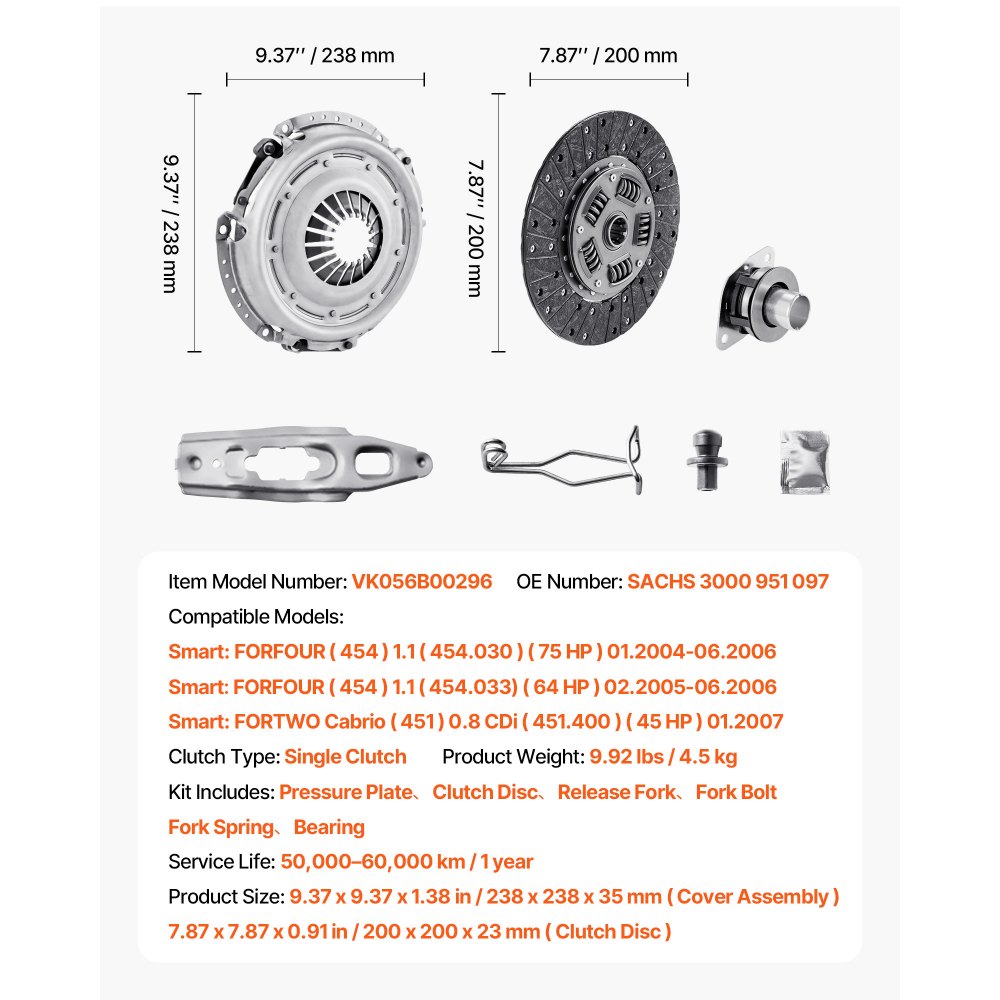 VEVOR Clutch Kit with Pressure Plate, Heavy Duty OEM Clutch Kit, OEM Replacement Transmission Clutch Kit Compatible with 2004-2006 Smart FORFOUR (75 HP), 2005-2006 FORFOUR (64 HP), 2007 FORTWO Cabrio