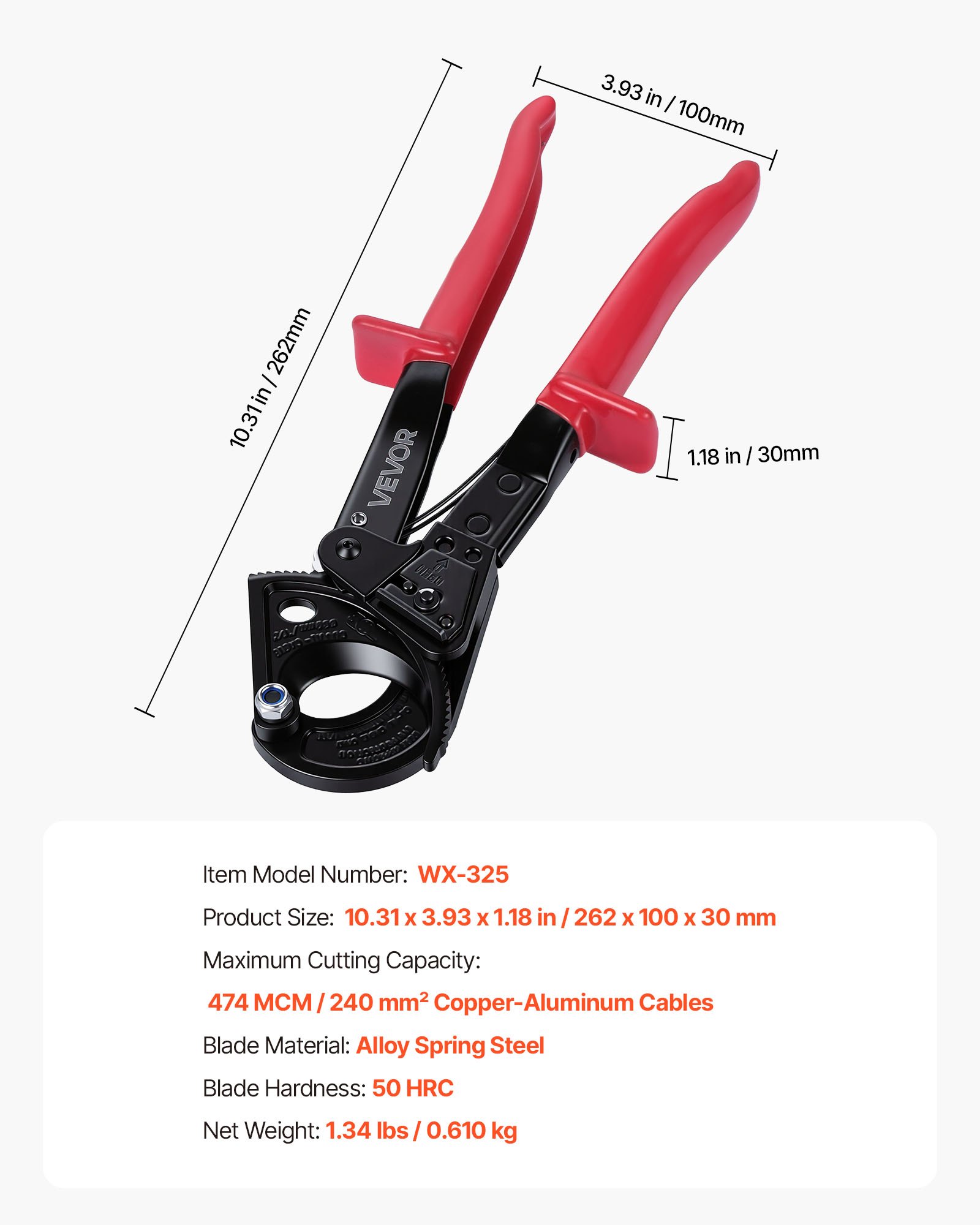 VEVOR Cortador de Cable de Trinquete, Cortador para Cables de Cobre y Aluminio de hasta 240 mm², Mangos con Recubrimiento de PVC, Herramienta de Electricista para Construcción Renovación Eléctricas