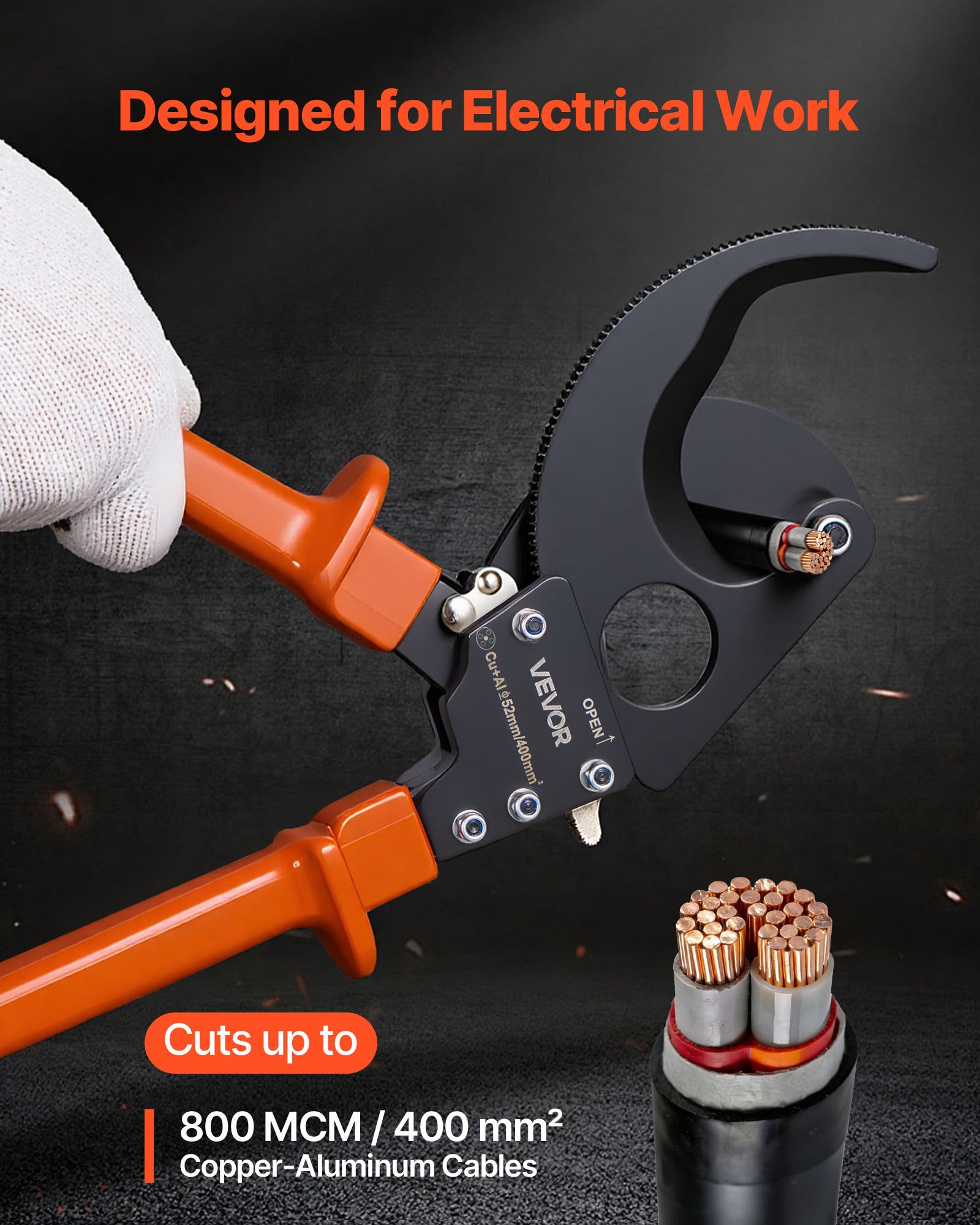 VEVOR Cortador de Cables de Trinquete 325 mm, Cortador de Alambres y Cables de Cobre-Aluminio 400 mm², Cortacables con Hojas de Acero con Mangos Recubiertos de PVC y Botón de Liberación Rápida