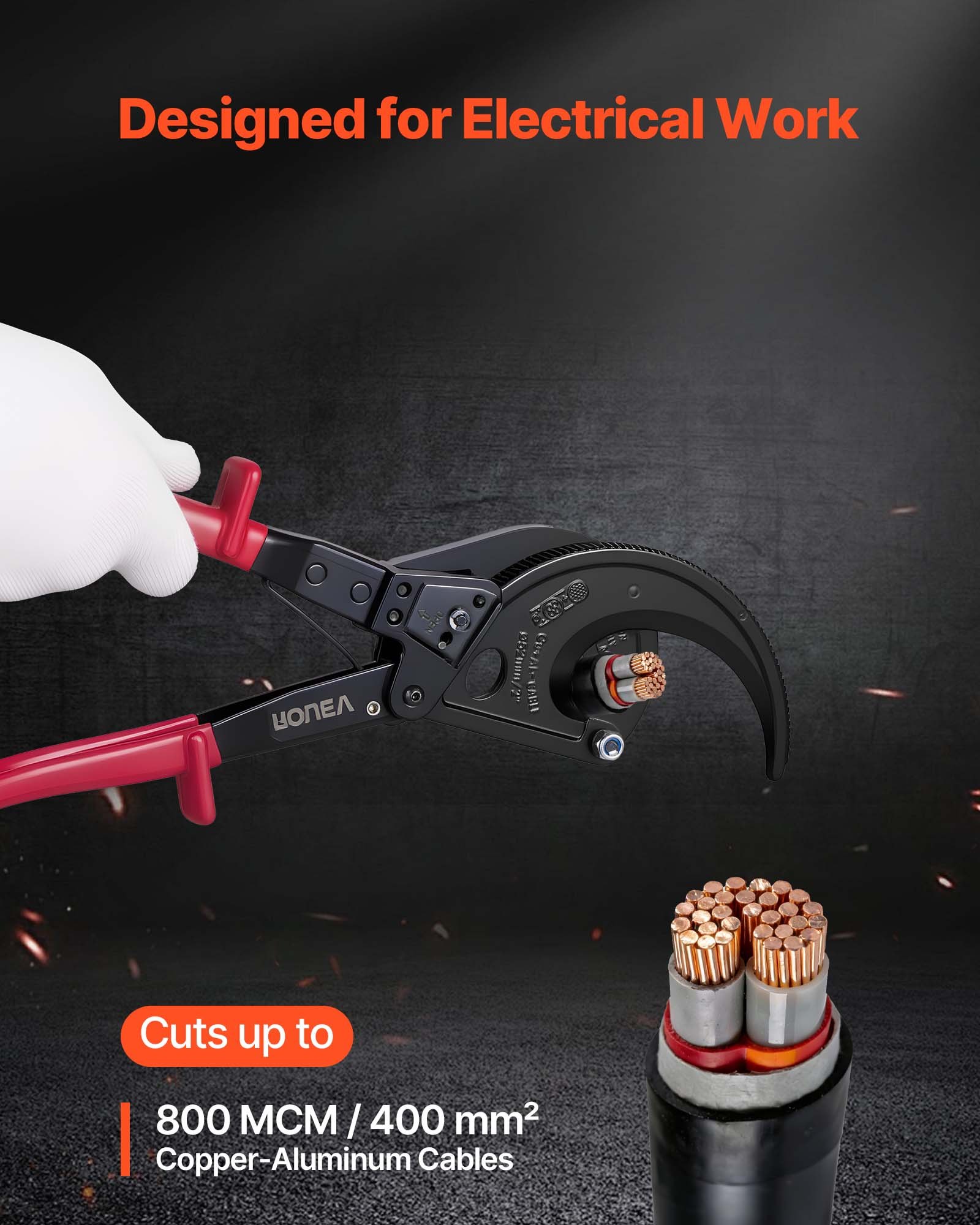 VEVOR Cortador de Cable de Trinquete, Cortador para Alambres de Cobre y Aluminio, Corte de hasta 400 mm², con Mangos Aislantes, Herramienta de Electricista para Construcción Renovación Eléctricas