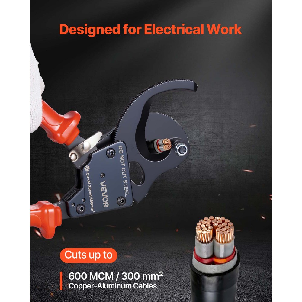 VEVOR Cortador de Cables de Trinquete 245 mm, Cortador de Alambres y Cables de Cobre-Aluminio 300 mm², Cortacables con Hojas de Acero con Mangos Recubiertos de PVC y Botón de Liberación Rápida