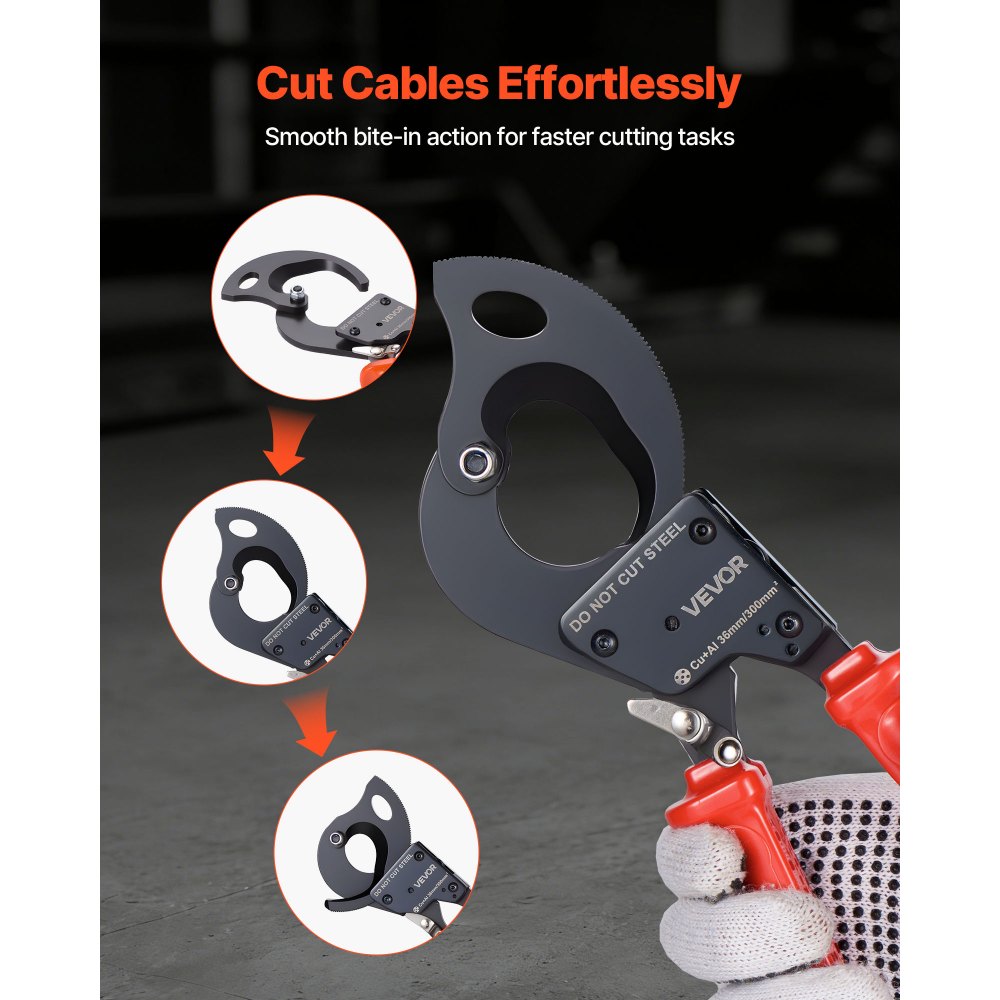 VEVOR Cortador de Cables de Trinquete 245 mm, Cortador de Alambres y Cables de Cobre-Aluminio 300 mm², Cortacables con Hojas de Acero con Mangos Recubiertos de PVC y Botón de Liberación Rápida