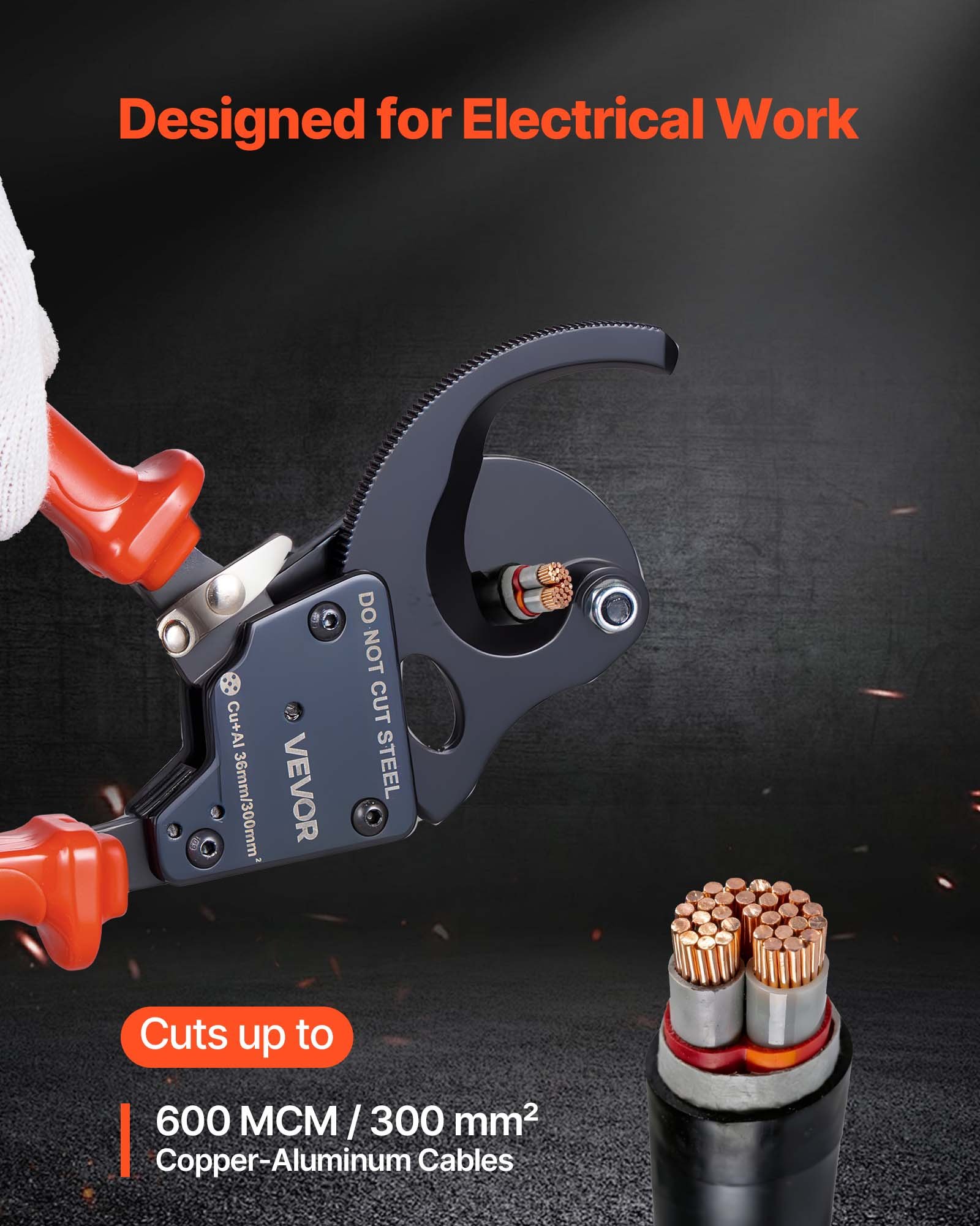 VEVOR Cortador de Cables de Trinquete 245 mm, Cortador de Alambres y Cables de Cobre-Aluminio 300 mm², Cortacables con Hojas de Acero con Mangos Recubiertos de PVC y Botón de Liberación Rápida