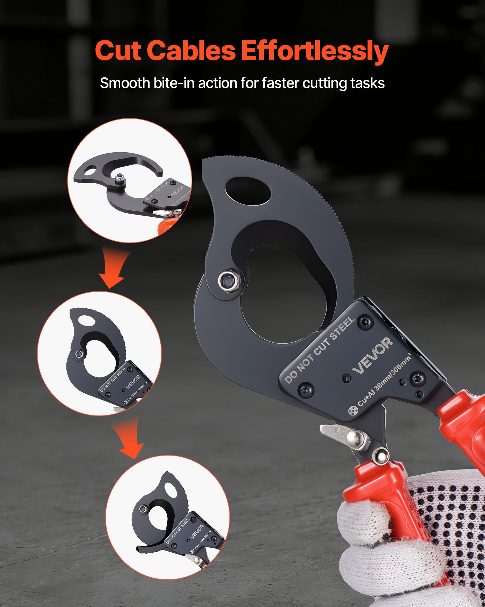 VEVOR Cortador de Cables de Trinquete 245 mm, Cortador de Alambres y Cables de Cobre-Aluminio 300 mm², Cortacables con Hojas de Acero con Mangos Recubiertos de PVC y Botón de Liberación Rápida