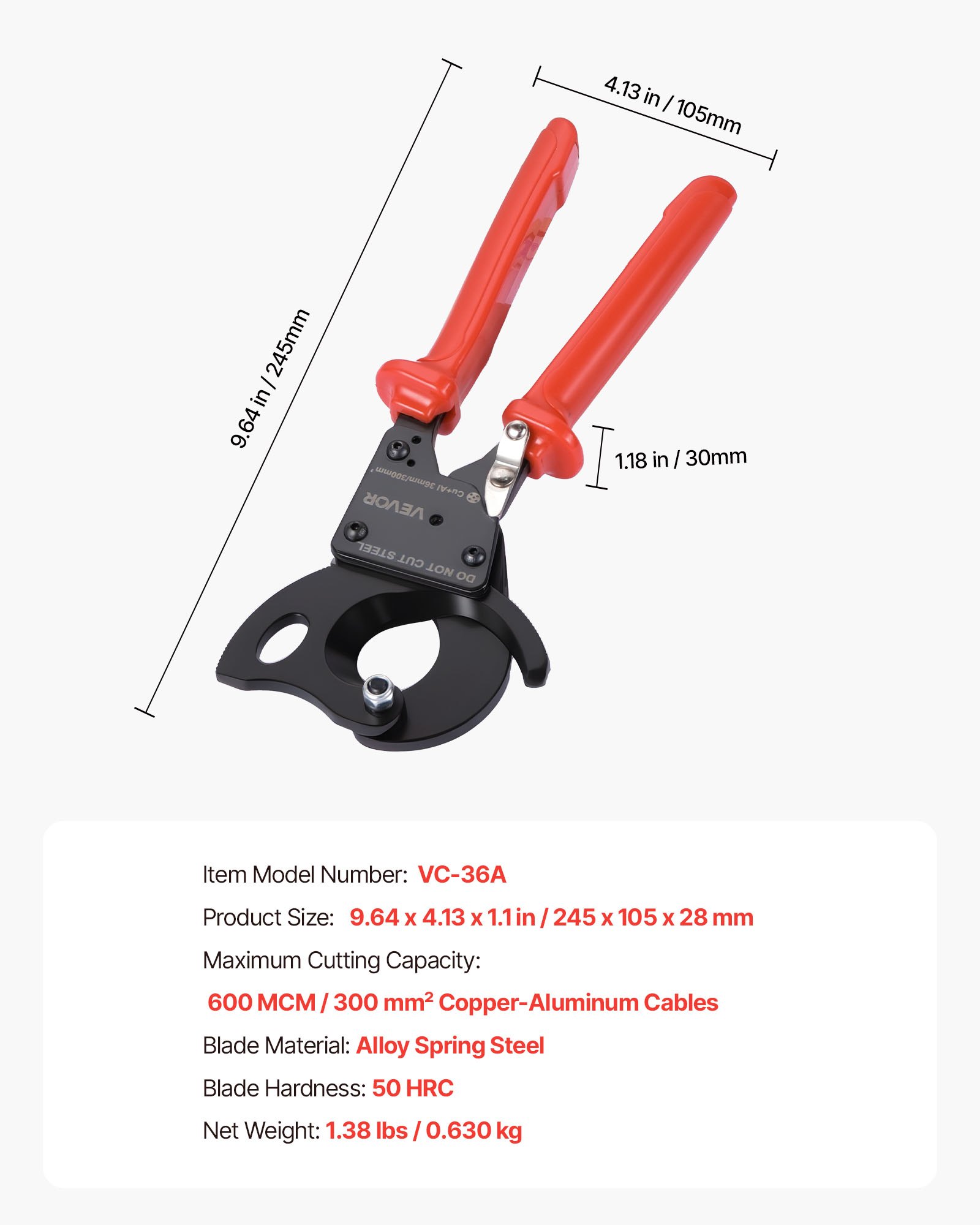 VEVOR Cortador de Cables de Trinquete 245 mm, Cortador de Alambres y Cables de Cobre-Aluminio 300 mm², Cortacables con Hojas de Acero con Mangos Recubiertos de PVC y Botón de Liberación Rápida