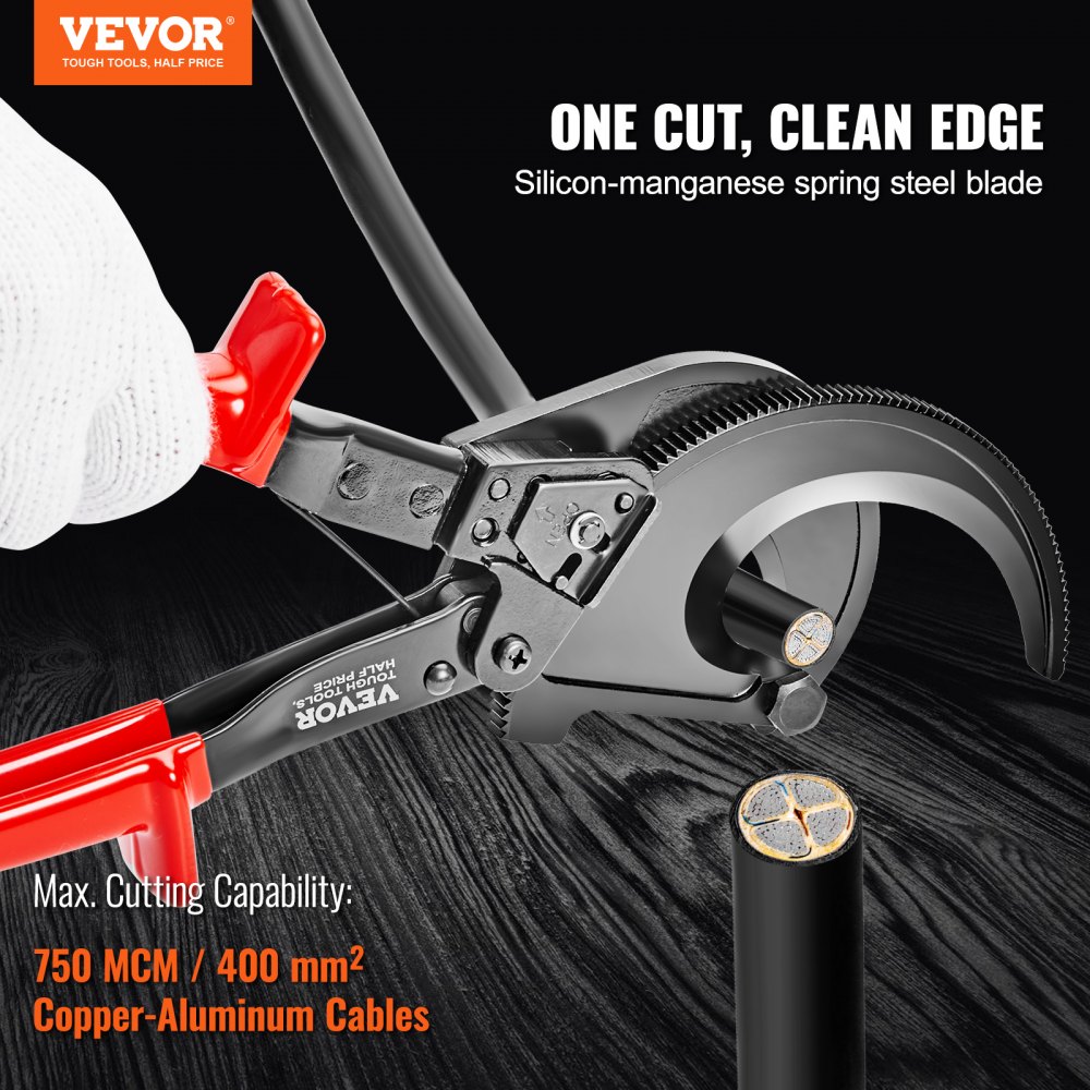 VEVOR Cortador de Cables de Trinquete 280 mm Cortador de Alambres y Cables 400 mm² Cortacables Mangos Cómodos Palanca de Liberación Rápida Fácil de Usar Hoja de Acero al Manganeso y Silicio 50 HRC