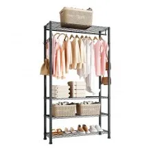 VEVOR Perchero de Acero al Carbono, Altura Regulable, con 1 Barra, Capacidad de Carga de 227 kg, 4 Estantes y 8 Ganchos, para Dormitorio, Tienda de Ropa, Armario o Pasillo, 76,2 x 35,6 x 194 cm