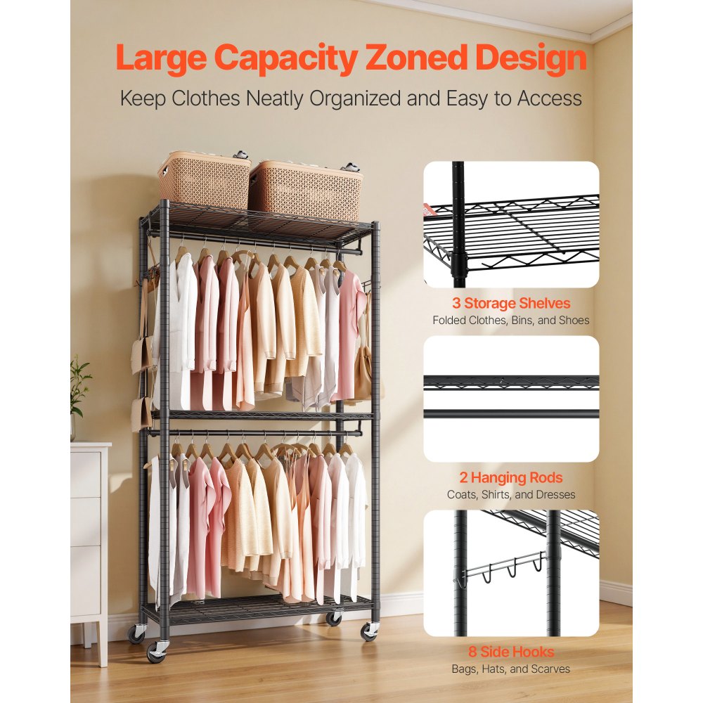 VEVOR Rolling Clothes Rack, Heavy Duty Clothing Garment Rack, 3 Adjustable Tiers Clothing Racks with Carbon Steel, 204 kg Load Capacity Closet Wardrobe for Bedroom, Clothing Store, Hallway