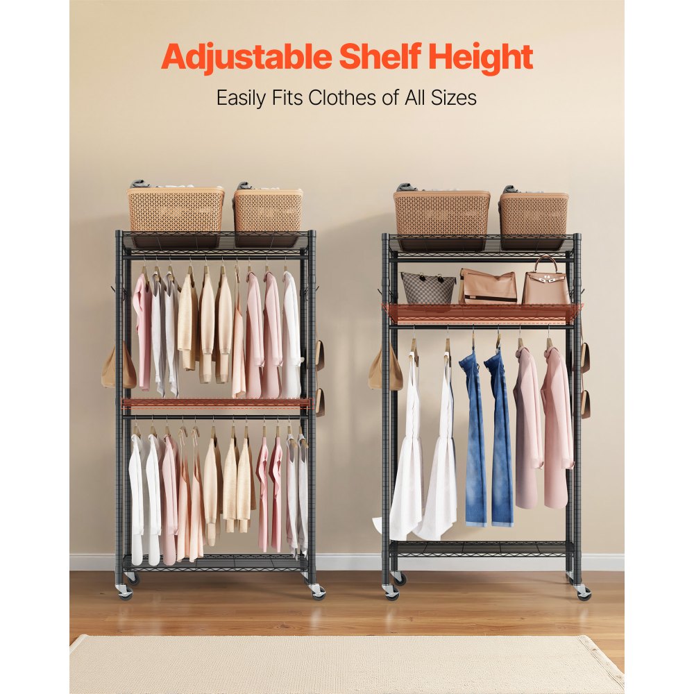 VEVOR Rolling Clothes Rack, Heavy Duty Clothing Garment Rack, 3 Adjustable Tiers Clothing Racks with Carbon Steel, 204 kg Load Capacity Closet Wardrobe for Bedroom, Clothing Store, Hallway