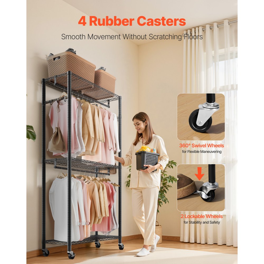 VEVOR Perchero Ajustable con Ruedas, de Acero al Carbono, con 2 Barras para Ropa, Carga de 204 kg, 3 Estantes y 8 Ganchos, para Dormitorio, Tienda de Ropa, Armario o Pasillo, 90 x 40 x 199,9 cm