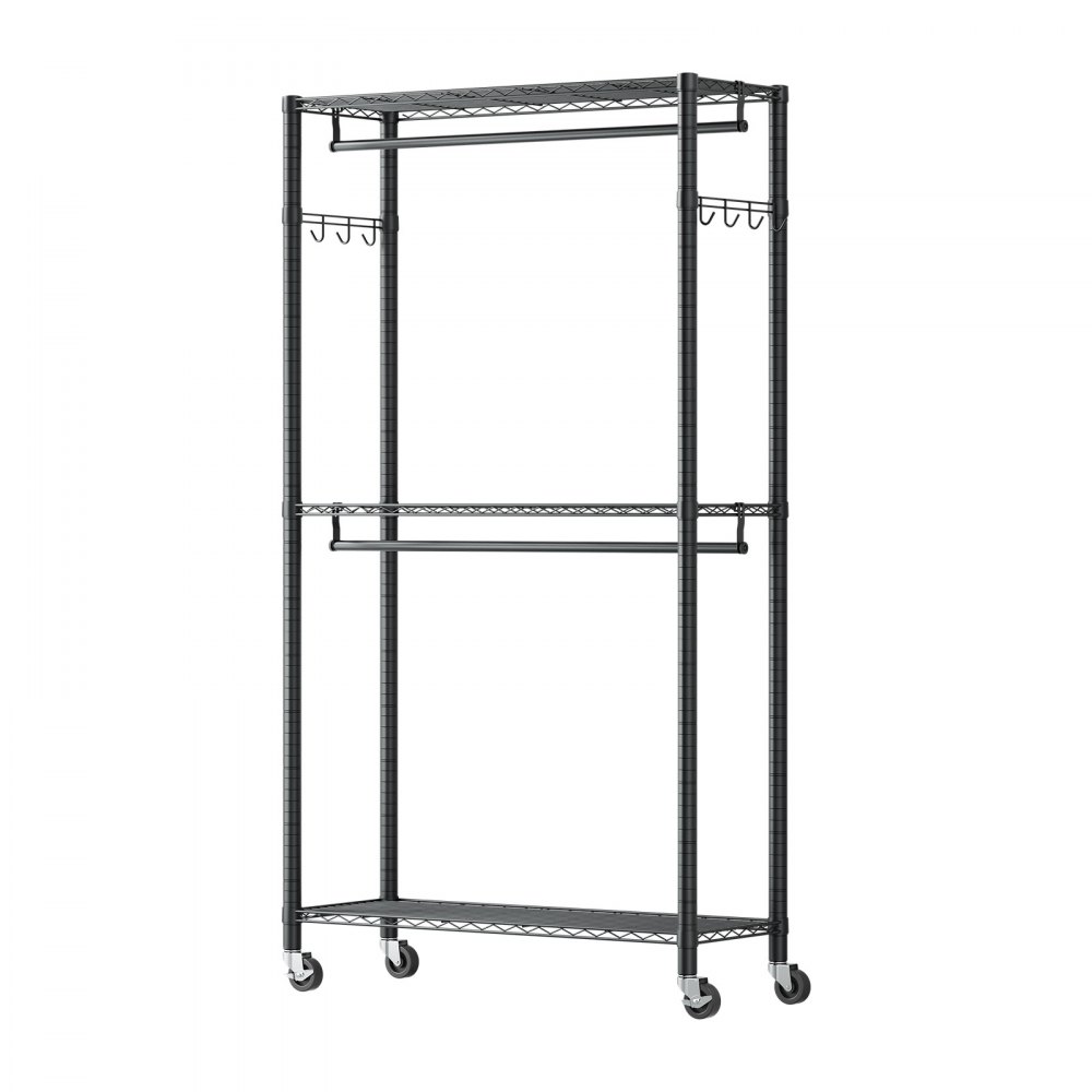 VEVOR Perchero Ajustable con Ruedas, de Acero al Carbono, con 2 Barras para Ropa, Carga de 204 kg, 3 Estantes y 8 Ganchos, para Dormitorio, Tienda de Ropa, Armario o Pasillo, 90 x 40 x 199,9 cm