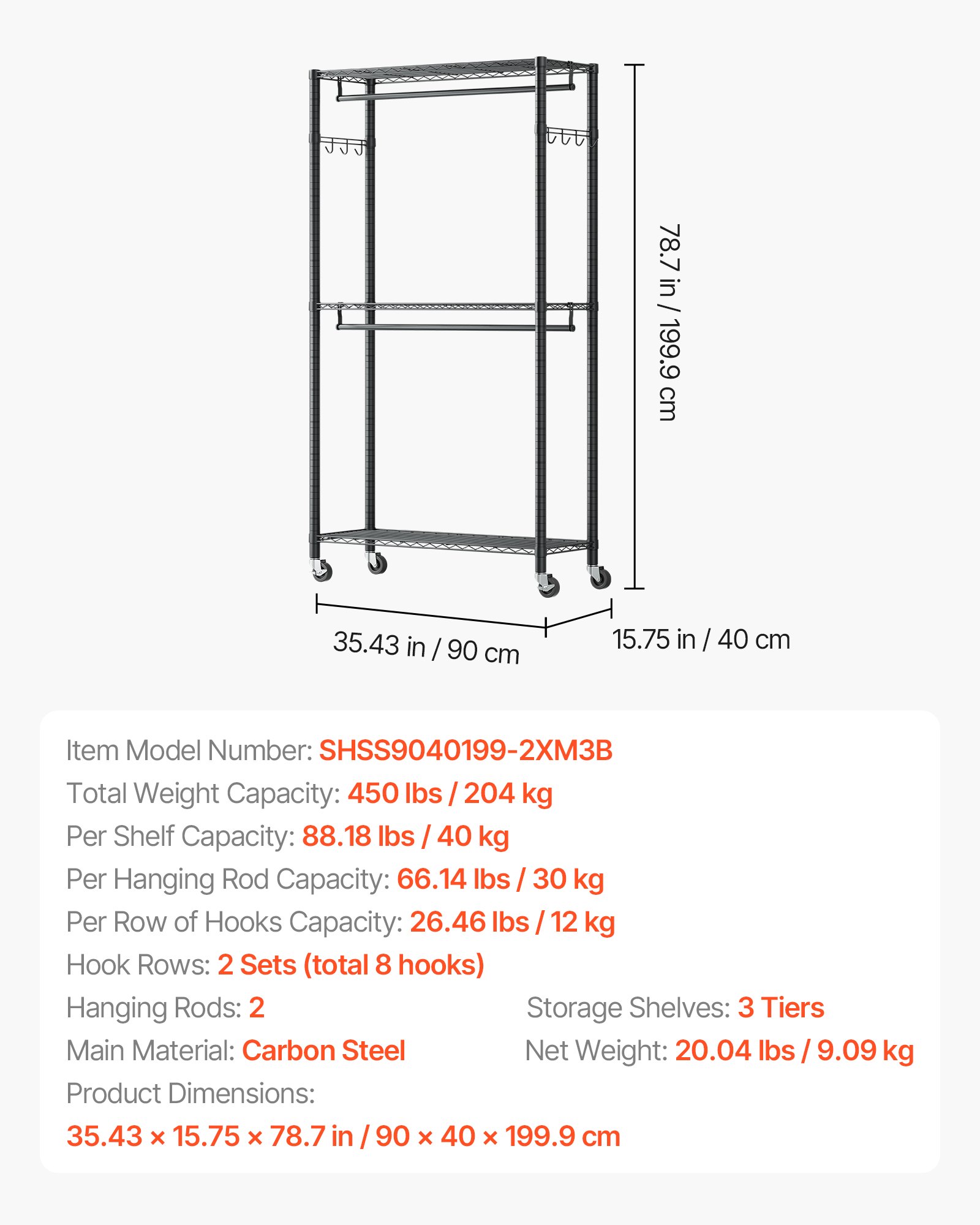 VEVOR Rolling Clothes Rack, Heavy Duty Clothing Garment Rack, 3 Adjustable Tiers Clothing Racks with Carbon Steel, 204 kg Load Capacity Closet Wardrobe for Bedroom, Clothing Store, Hallway