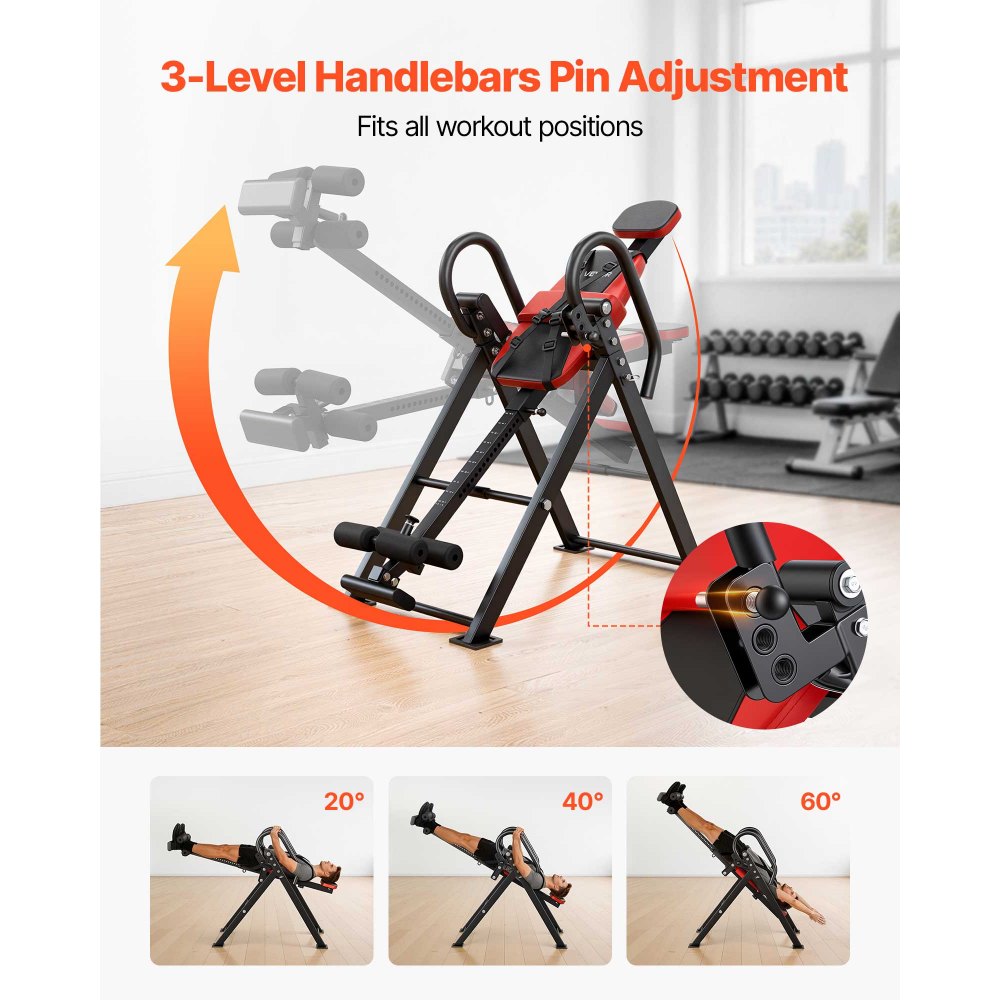 VEVOR Tabla de Inversión Capacidad de 136 kg, Mesa de Inversión de Alta Resistencia, Entrenador de Gravedad, Reposabrazos de 3 Niveles, Bloqueo de Doble Rodillo, para Hombros, Espalda, Rojo y Gris