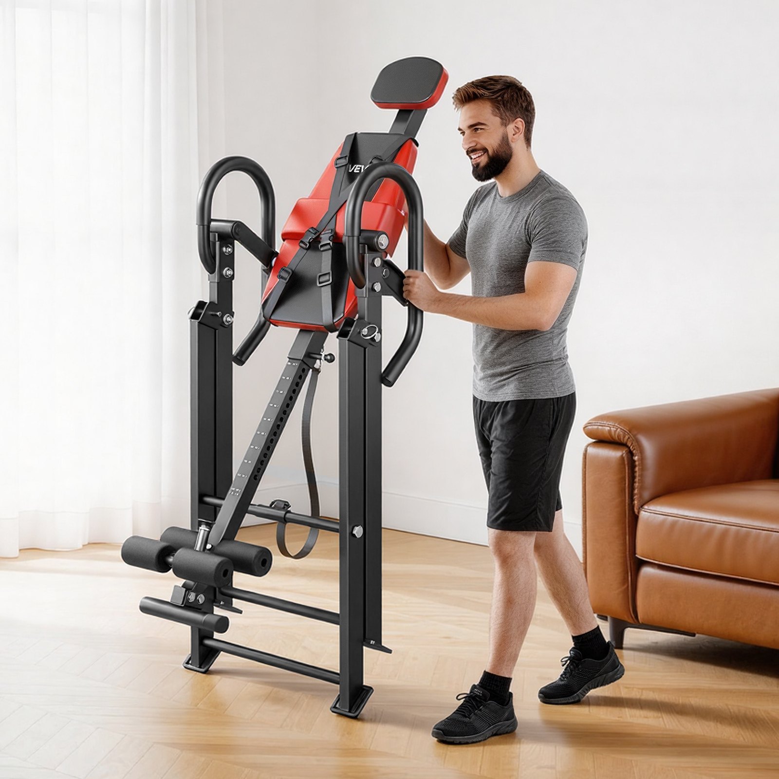 VEVOR Mesa de Inversión Capacidad de 136 kg, Tabla de Inversión de Alta Resistencia, con Bloqueo de Rodillo Doble, Correa de Sujeción Ajustable Multiángulo, para Hombros, Espalda, Negro y Rojo