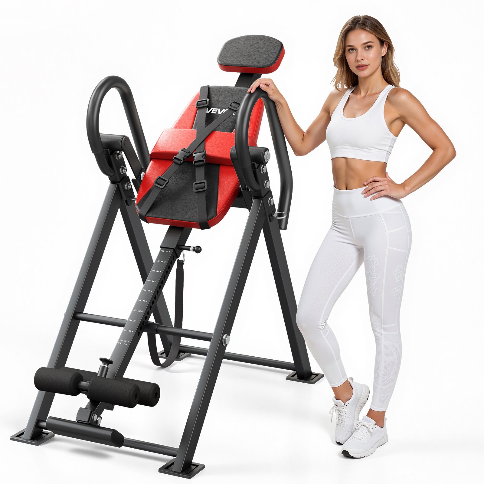 VEVOR Mesa de Inversión Capacidad de 136 kg, Tabla de Inversión de Alta Resistencia, con Bloqueo de Rodillo Doble, Correa de Sujeción Ajustable Multiángulo, para Hombros, Espalda, Negro y Rojo