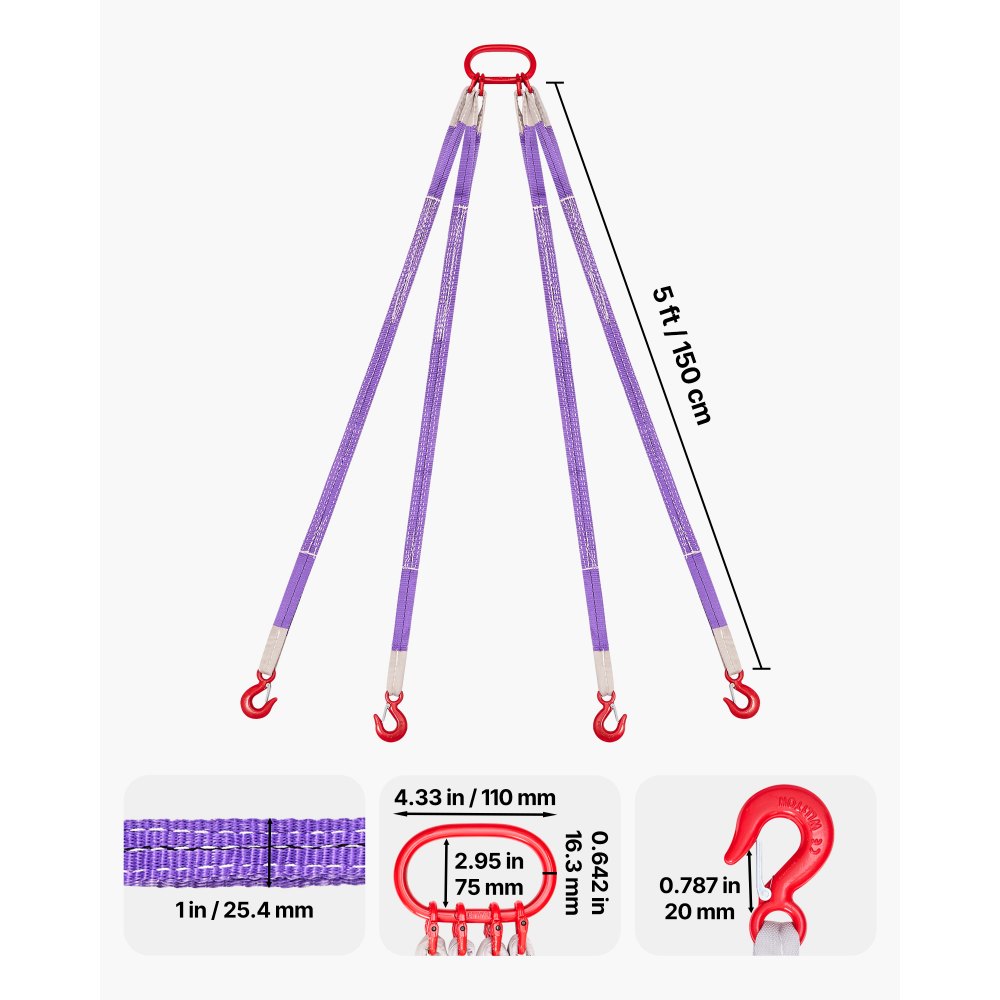 VEVOR Correas de Eslinga de Elevación de Poliéster, Cuatro Patas con Ganchos, Capacidad 3 T, Correa de Aparejo Resistente de 1,5 m, para Motores, Grúas, Polipastos y Camiones,1800 x 120 x 60 mm