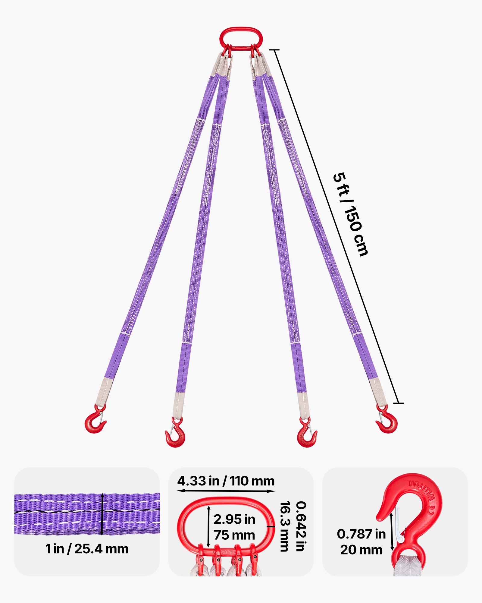 VEVOR Correas de Eslinga de Elevación de Poliéster, Cuatro Patas con Ganchos, Capacidad 3 T, Correa de Aparejo Resistente de 1,5 m, para Motores, Grúas, Polipastos y Camiones,1800 x 120 x 60 mm