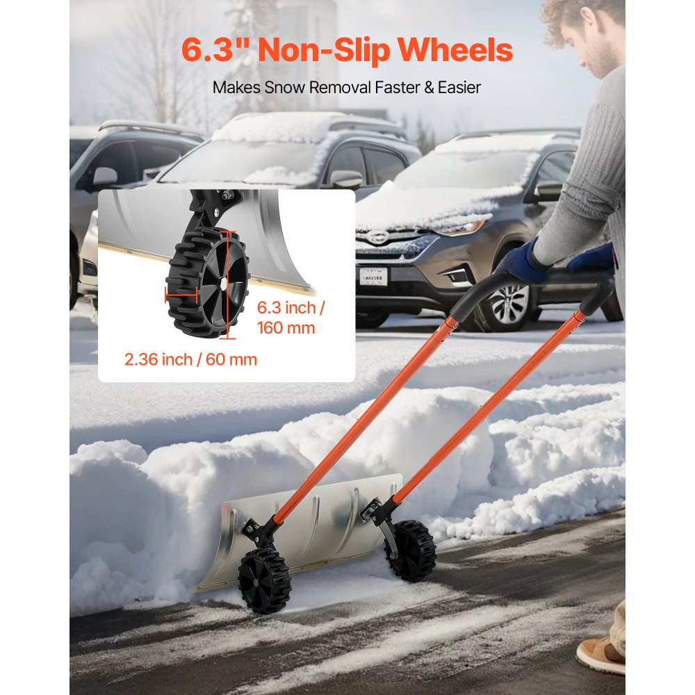 VEVOR Snow Pusher Shovel with Wheels, 61 cm Wheeled Snowplow Shovel with Bi-Directional Angled Blade & 90 Degree Adjustable Handle, Metal Winter Shovels, Portable Snow Removal Tool for Driveway Garden