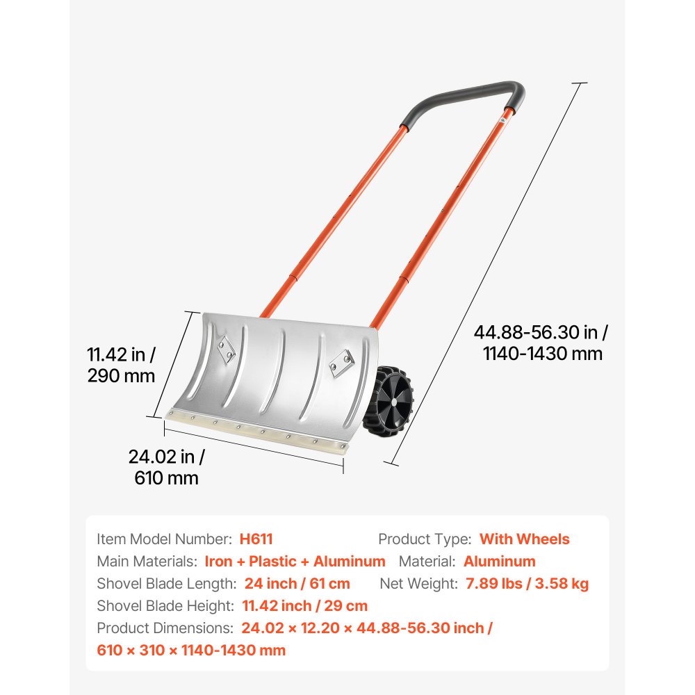 VEVOR Snow Pusher Shovel with Wheels, 61 cm Wheeled Snowplow Shovel with Bi-Directional Angled Blade & 90 Degree Adjustable Handle, Metal Winter Shovels, Portable Snow Removal Tool for Driveway Garden