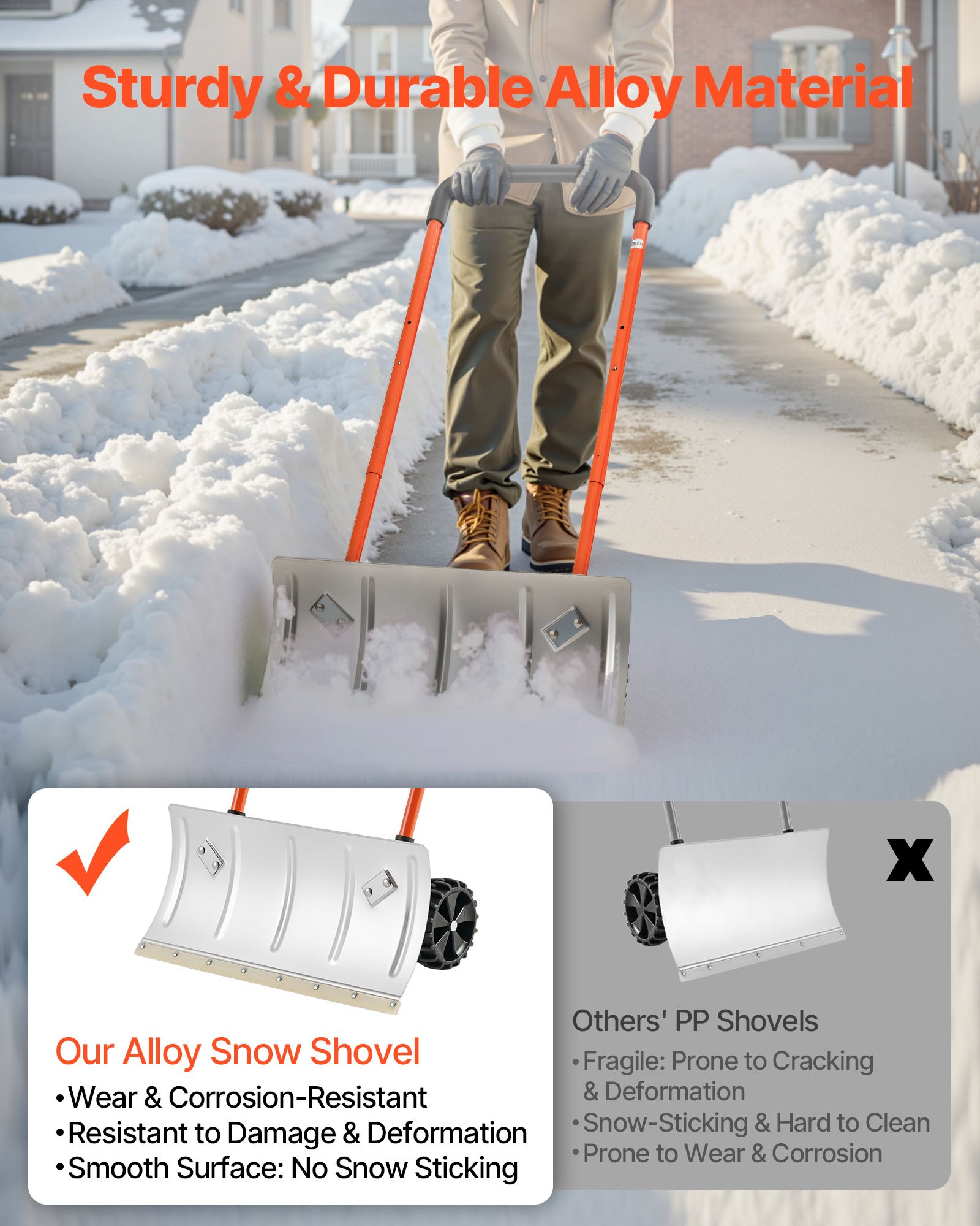 VEVOR Snow Pusher Shovel with Wheels, 61 cm Wheeled Snowplow Shovel with Bi-Directional Angled Blade & 90 Degree Adjustable Handle, Metal Winter Shovels, Portable Snow Removal Tool for Driveway Garden