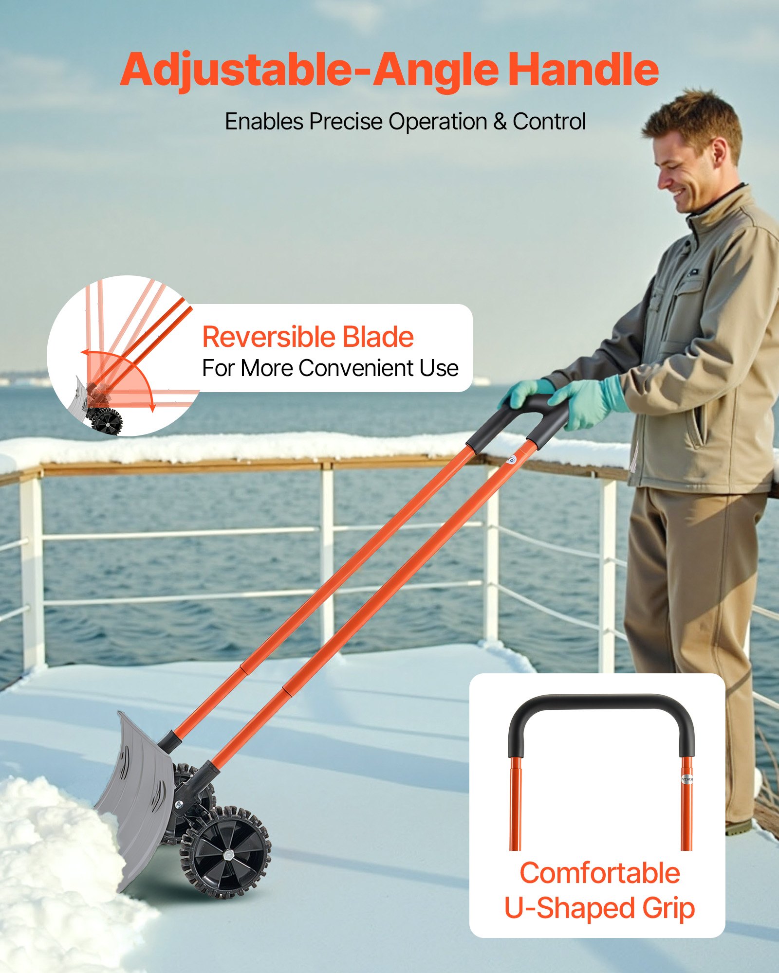 VEVOR Snow Pusher Shovel with Wheels, 61 cm Wheeled Snowplow Shovel with Bi-Directional Angled Blade & 90 Degree Adjustable Handle, Metal Winter Shovels, Portable Snow Removal Tool for Driveway Garden