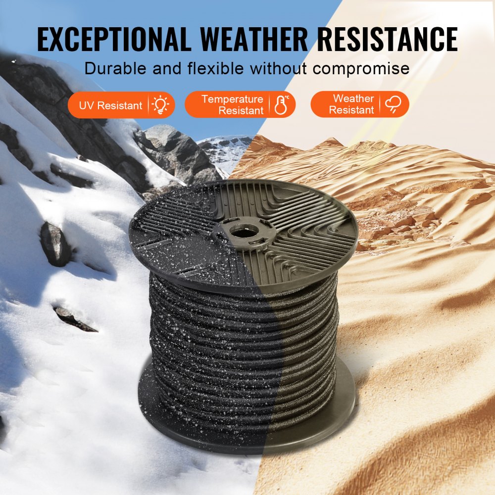 VEVOR Cuerda elástica de 1/4 de pulgada, carrete de 120 pies/36 m, correas elásticas resistentes, cuerda elástica 100 % elástica para carga, lonas, acampada, cubierta de kayak y manualidades, color negro