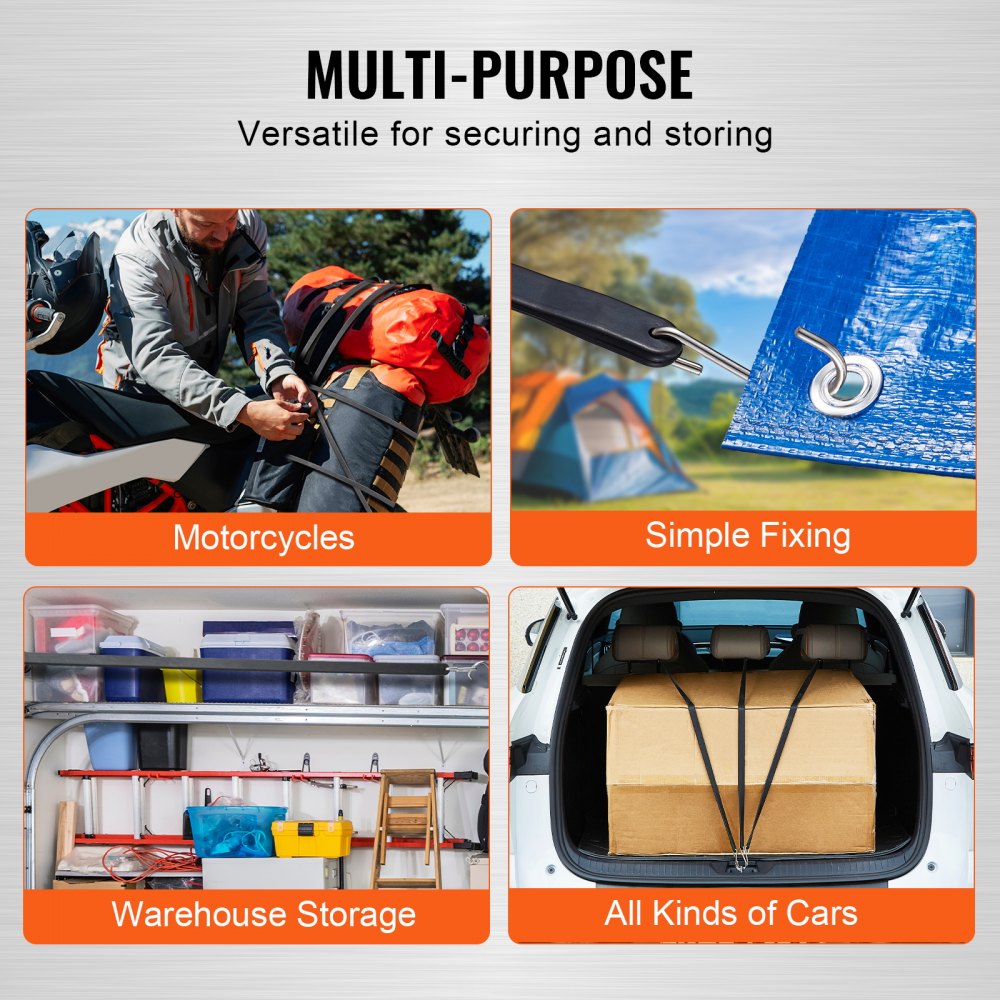 VEVOR 10-piece flat tensioning rope, 20 mm heavy-duty tensioning straps with steel S-hooks, 91.4 cm long elastic tensioning rope for cargo, tarpaulins, trucks and tents, black