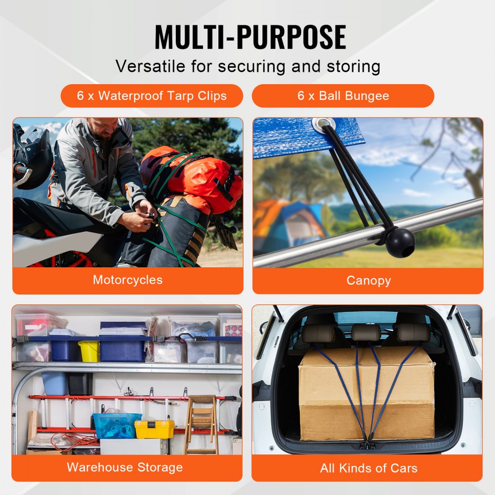 VEVOR - Juego de 32 cuerdas elásticas planas, correas elásticas resistentes de 17 mm con ganchos en J de acero A3, incluye cuerda elástica de 10", 18", 24", 32", 40" con bolsa de almacenamiento portátil, 6 clips y ataduras para toldo