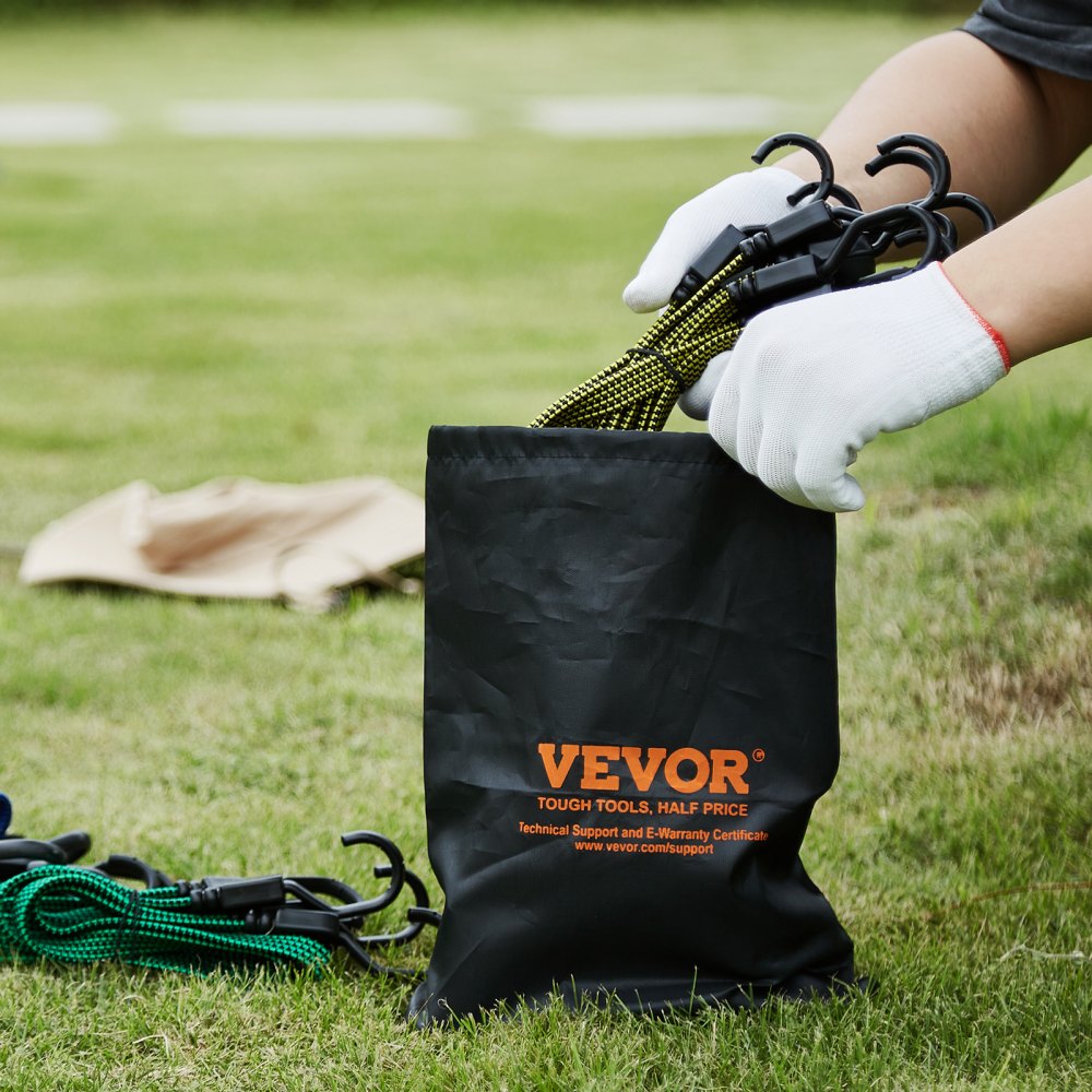 VEVOR - Juego de 32 cuerdas elásticas planas, correas elásticas resistentes de 17 mm con ganchos en J de acero A3, incluye cuerda elástica de 10", 18", 24", 32", 40" con bolsa de almacenamiento portátil, 6 clips y ataduras para toldo