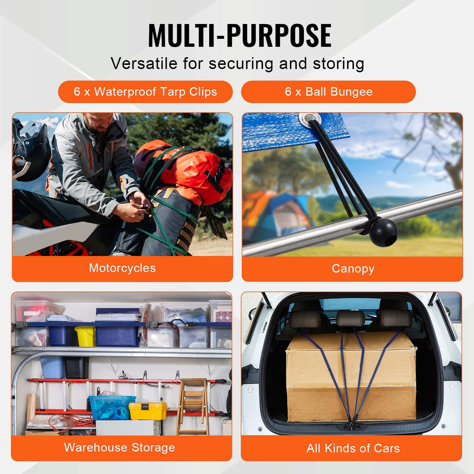 VEVOR - Juego de 32 cuerdas elásticas planas, correas elásticas resistentes de 17 mm con ganchos en J de acero A3, incluye cuerda elástica de 10", 18", 24", 32", 40" con bolsa de almacenamiento portátil, 6 clips y ataduras para toldo