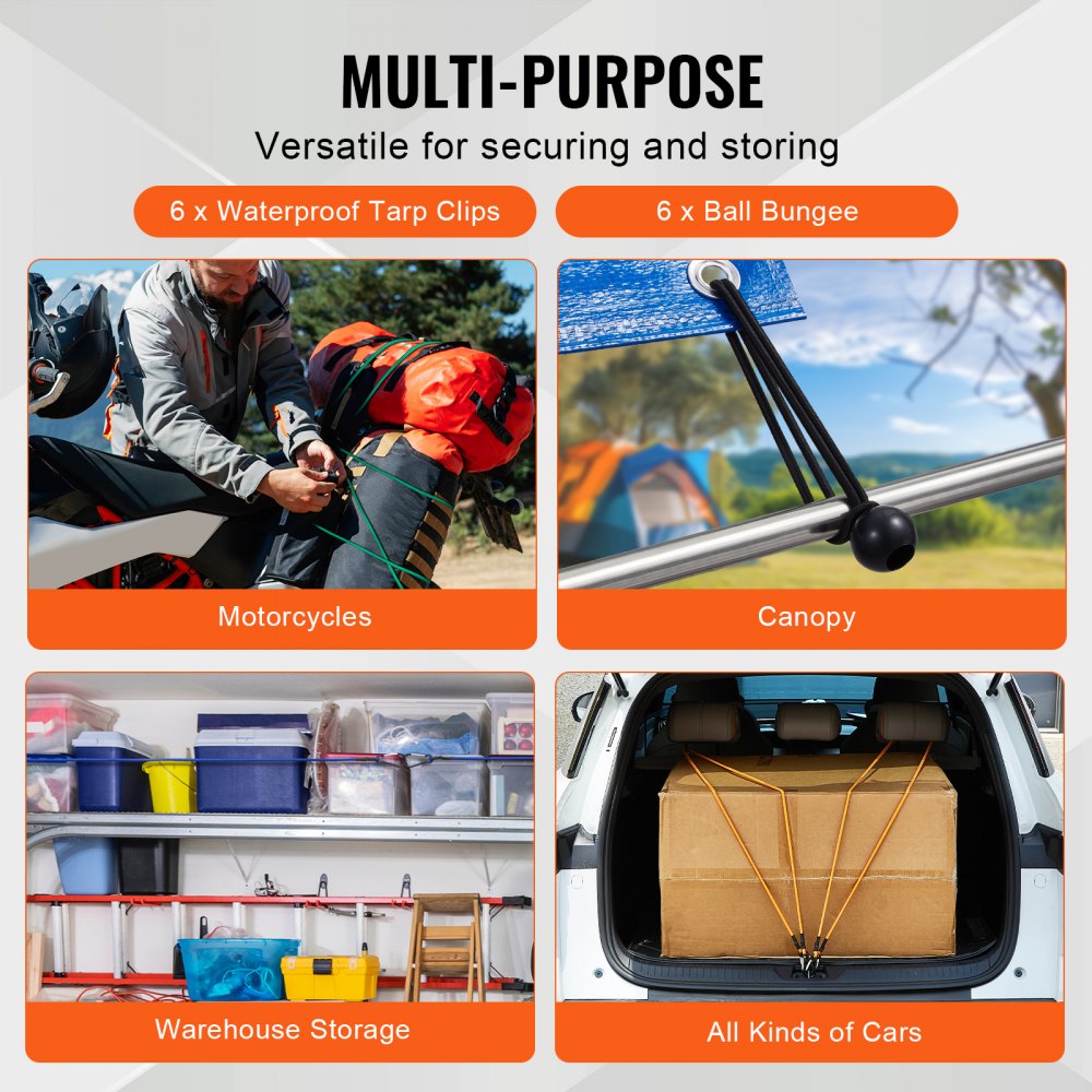 VEVOR 30-piece bungee cord assortment, 8 mm heavy-duty bungee straps with A3 steel carabiners, including 10", 18", 24", 36", 48", 60", 72", portable storage bag, 6 clips and canopy binder