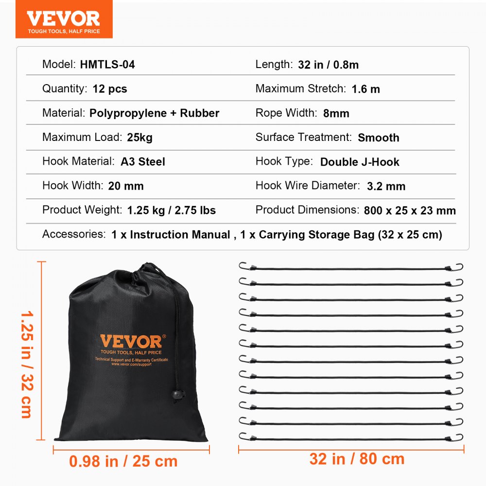 VEVOR - Juego de 12 cuerdas elásticas con ganchos de acero A3, correas elásticas resistentes de 32 pulgadas, cuerdas elásticas de 8 mm para acampar, lonas, motocicletas, camiones y tiendas de campaña, color negro