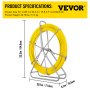 Cinta pasacables de fibra de vidrio VEVOR, carrete amarillo con dimensiones y peso del producto indicados.