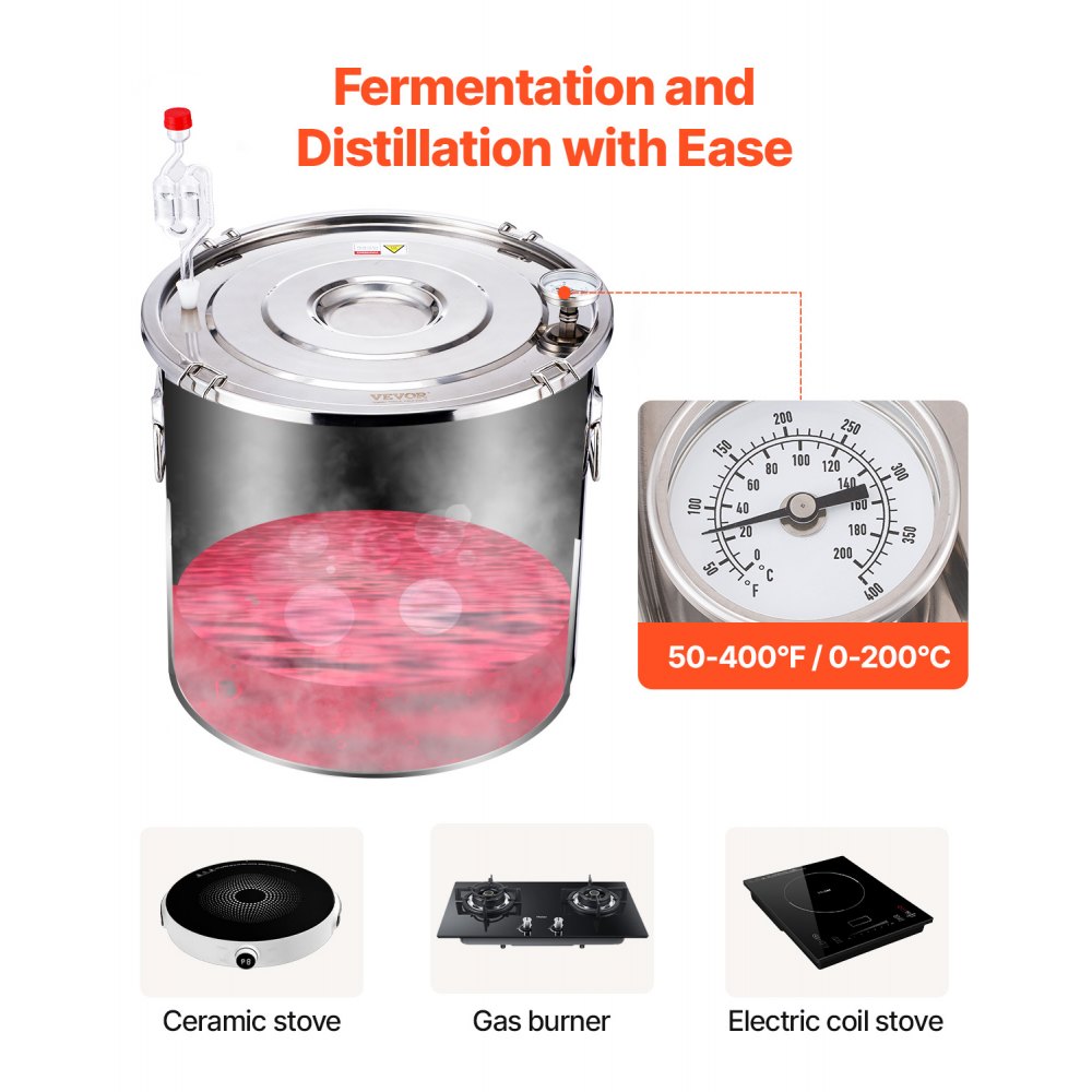 VEVOR 50L Stainless Steel Water Alcohol Distillation System with Copper Coil, Home Brewing Refining Fermentation Kit with Thermometer and Pump, for Wine, Whiskey, Brandy, Silver