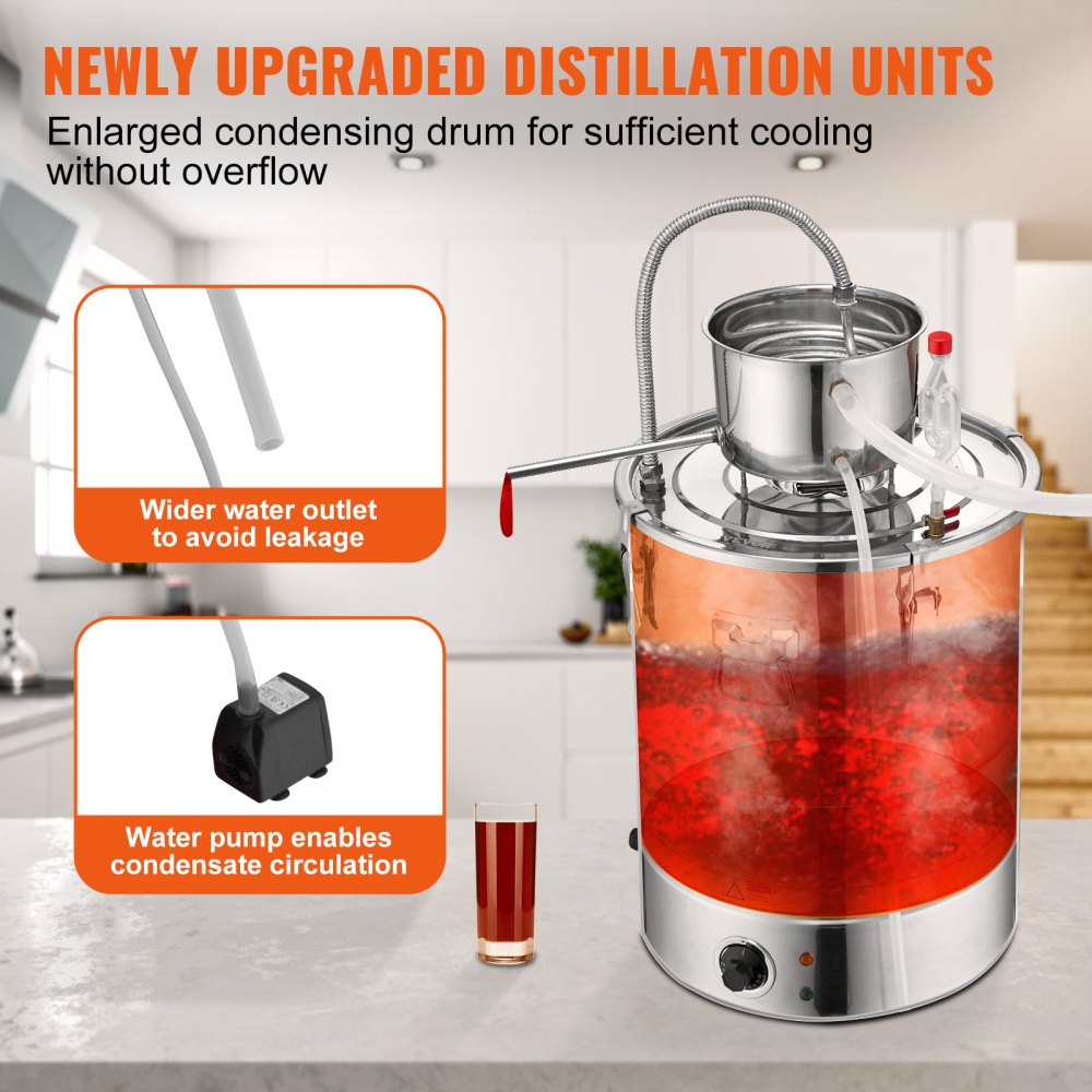 VEVOR Destilador de Alcohol de Agua 50 L Alambique de alcohol 2800 W Destilador de Acero Inoxidable con Bomba de Agua 6,8-8 W Juego Completo para Vinos de Frutas, Whisky, Brandy, Champán, Vodka