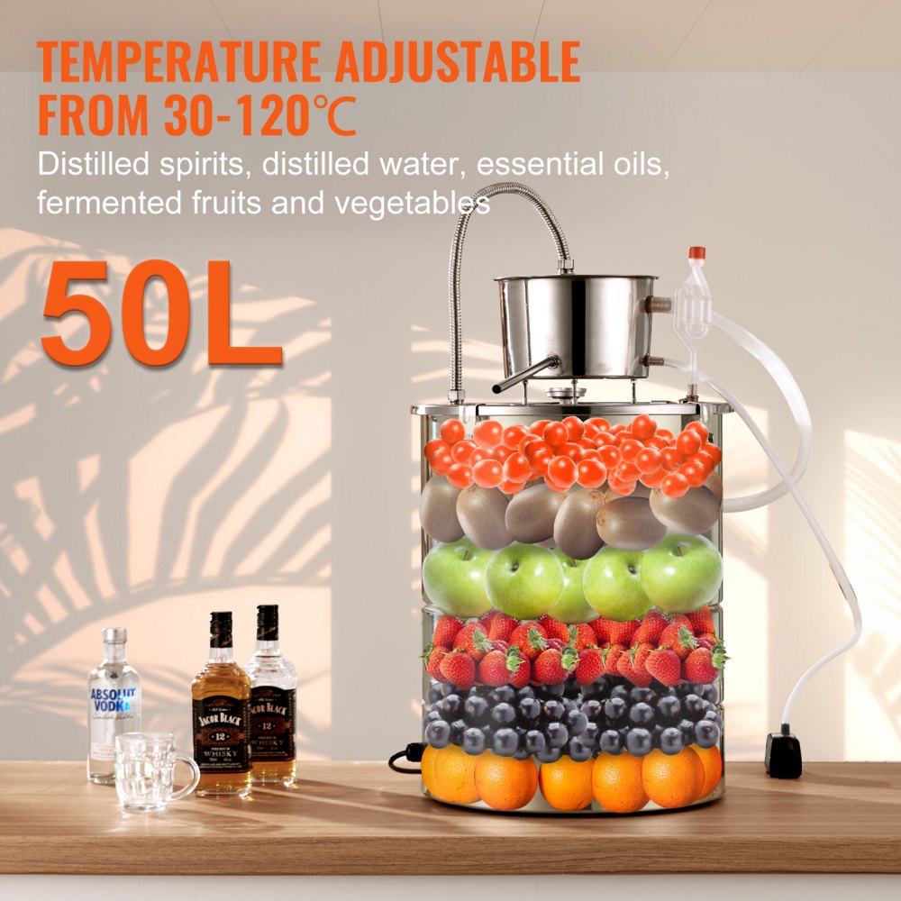 VEVOR Destilador de Alcohol de Agua 50 L Alambique de alcohol 2800 W Destilador de Acero Inoxidable con Bomba de Agua 6,8-8 W Juego Completo para Vinos de Frutas, Whisky, Brandy, Champán, Vodka