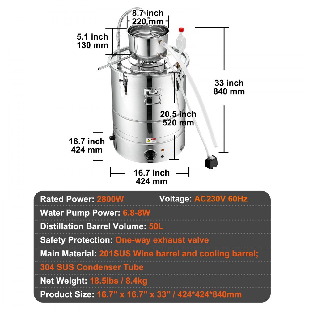VEVOR Destilador de Alcohol de Agua 50 L Alambique de alcohol 2800 W Destilador de Acero Inoxidable con Bomba de Agua 6,8-8 W Juego Completo para Vinos de Frutas, Whisky, Brandy, Champán, Vodka