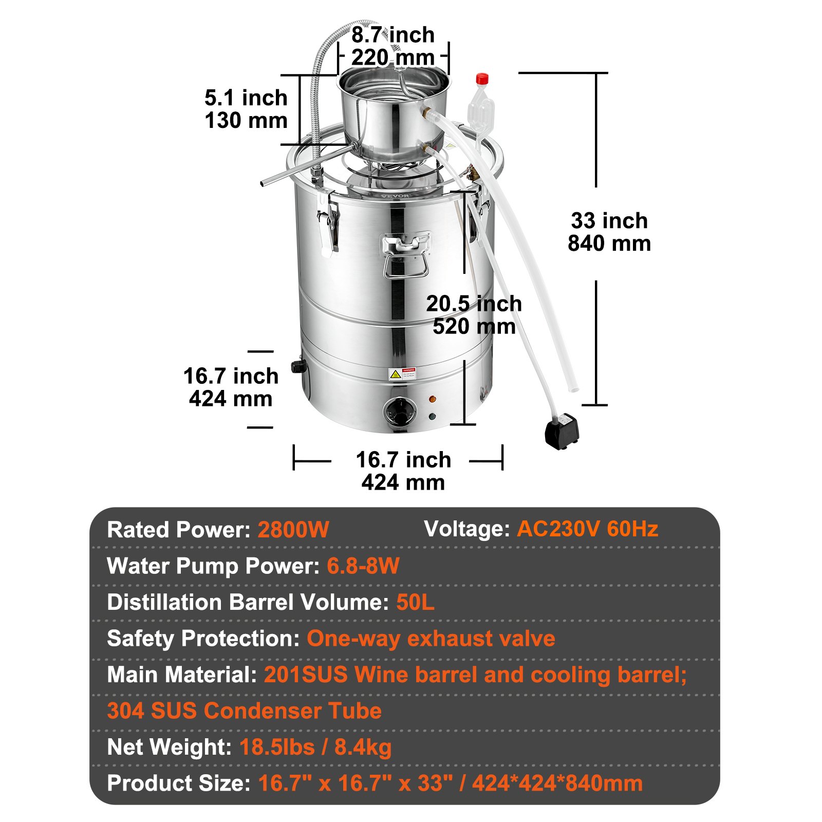 VEVOR Destilador de Alcohol de Agua 50 L Alambique de alcohol 2800 W Destilador de Acero Inoxidable con Bomba de Agua 6,8-8 W Juego Completo para Vinos de Frutas, Whisky, Brandy, Champán, Vodka
