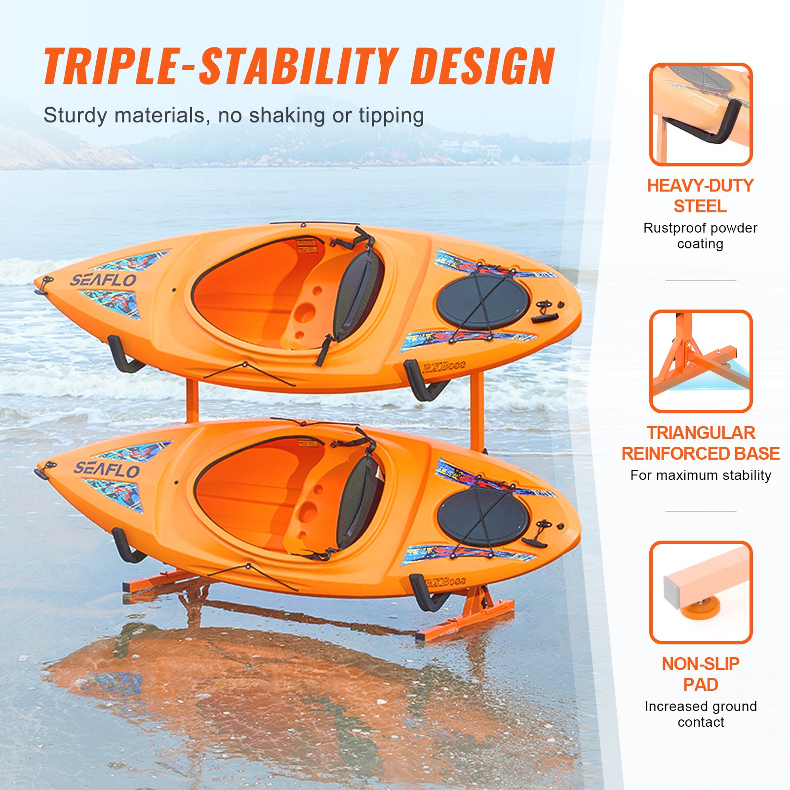 VEVOR Soporte para Kayak Independiente, 2 Piezas de Capacidad, Porta Kayak, Remo para Canoa, Soporte para Tabla de Remo de Acero Resistente con Brazos Acolchados, Ancho Ajustable, Carga 79 kg