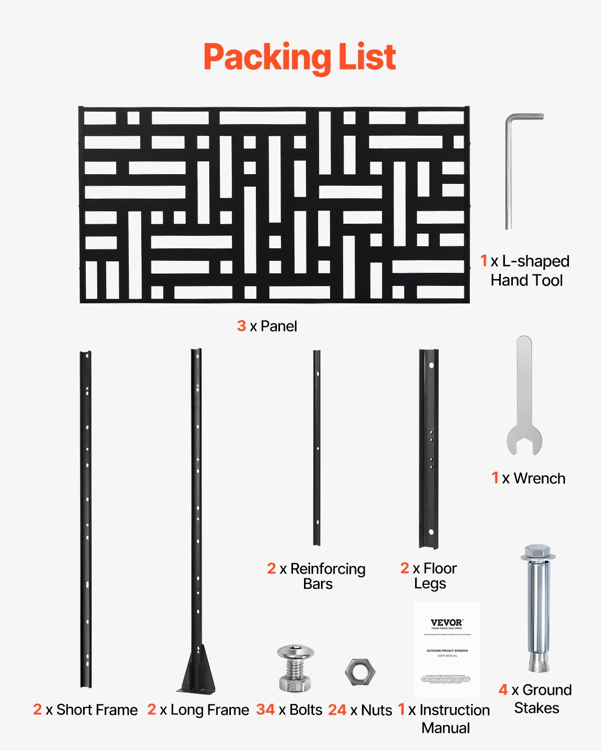 VEVOR Mampara de Privacidad de Metal de 120 x 50,8 x 193 cm con Soporte, Mamparas y Paneles de Privacidad Independiente para Exteriores de 3 Paneles para Jardín, Balcón, Patio, Habitación, Negro