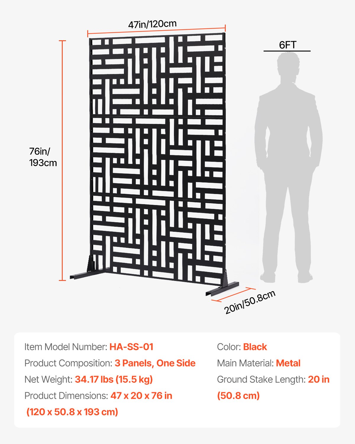 VEVOR Mampara de Privacidad de Metal de 120 x 50,8 x 193 cm con Soporte, Mamparas y Paneles de Privacidad Independiente para Exteriores de 3 Paneles para Jardín, Balcón, Patio, Habitación, Negro