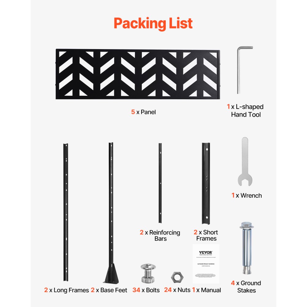 VEVOR Mampara de Privacidad de Metal de 120 x 50,8 x 183 cm con Soporte, Mamparas y Paneles de Privacidad Independiente para Exteriores de 5 Paneles para Jardín, Balcón, Patio, Habitación, Negro