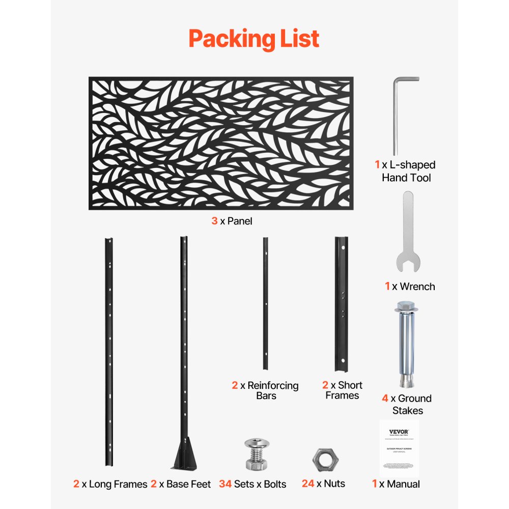 VEVOR Mampara de Privacidad de Metal de 120 x 50,8 x 183 cm con Soporte, Mamparas y Paneles de Privacidad Independiente para Exteriores de 3 Paneles para Jardín, Balcón, Patio, Habitación, Negro