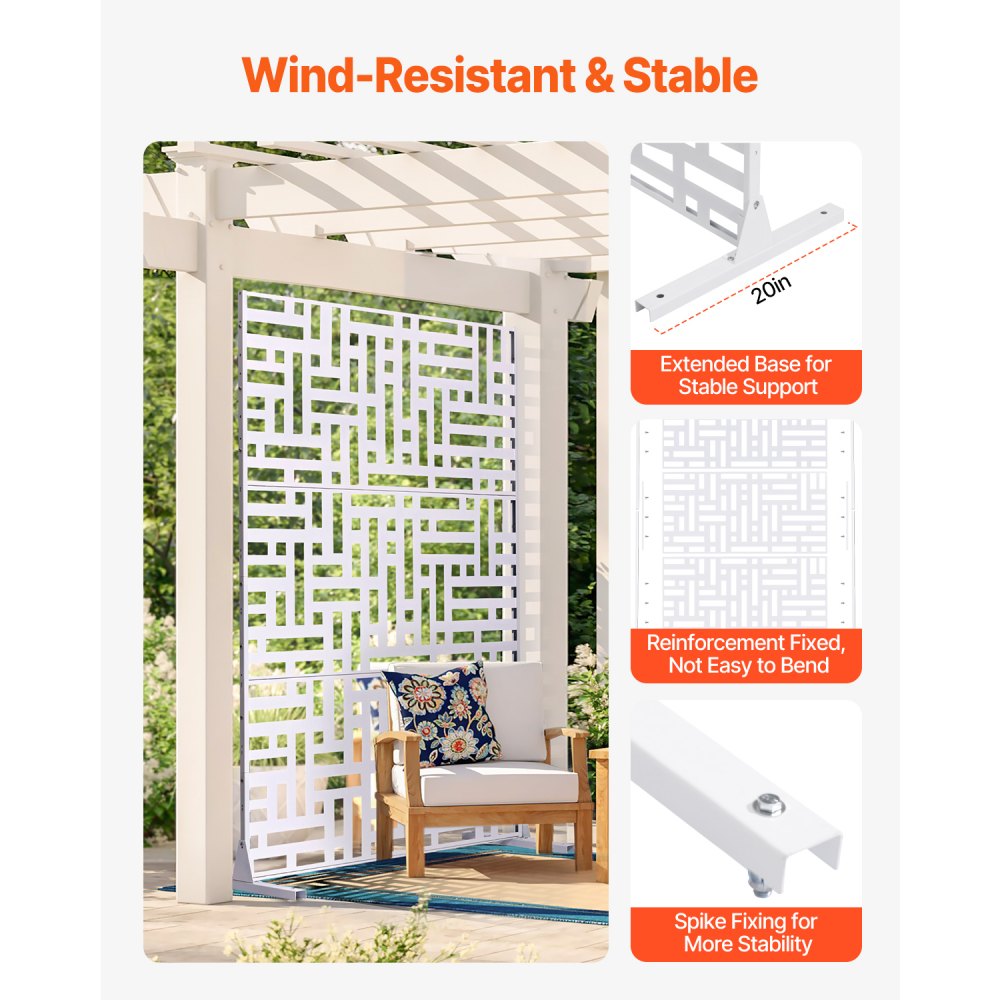 VEVOR Mampara de Privacidad de Metal de 120 x 50,8 x 193 cm con Soporte, Mamparas y Paneles de Privacidad Independiente para Exteriores de 3 Paneles para Jardín, Balcón, Patio, Habitación, Blanco