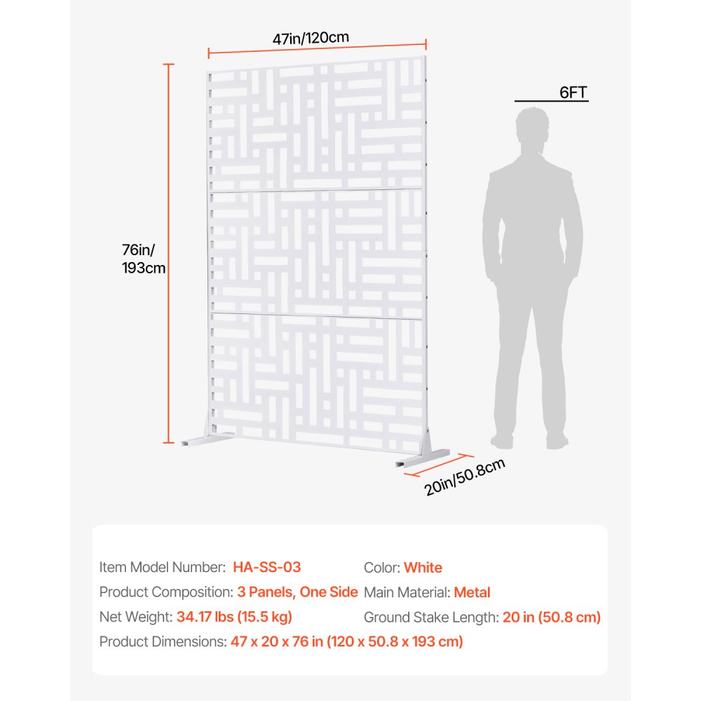 VEVOR Mampara de Privacidad de Metal de 120 x 50,8 x 193 cm con Soporte, Mamparas y Paneles de Privacidad Independiente para Exteriores de 3 Paneles para Jardín, Balcón, Patio, Habitación, Blanco