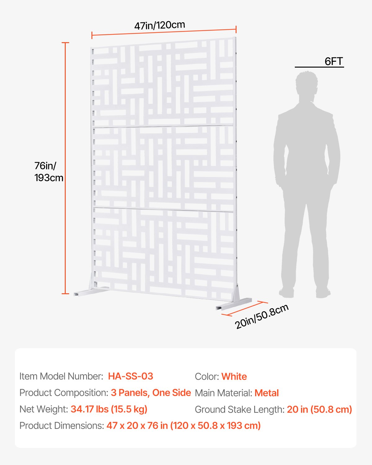 VEVOR Mampara de Privacidad de Metal de 120 x 50,8 x 193 cm con Soporte, Mamparas y Paneles de Privacidad Independiente para Exteriores de 3 Paneles para Jardín, Balcón, Patio, Habitación, Blanco