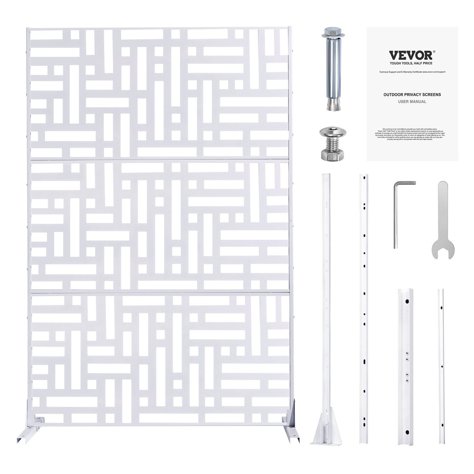 VEVOR Mampara de Privacidad de Metal de 120 x 50,8 x 193 cm con Soporte, Mamparas y Paneles de Privacidad Independiente para Exteriores de 3 Paneles para Jardín, Balcón, Patio, Habitación, Blanco