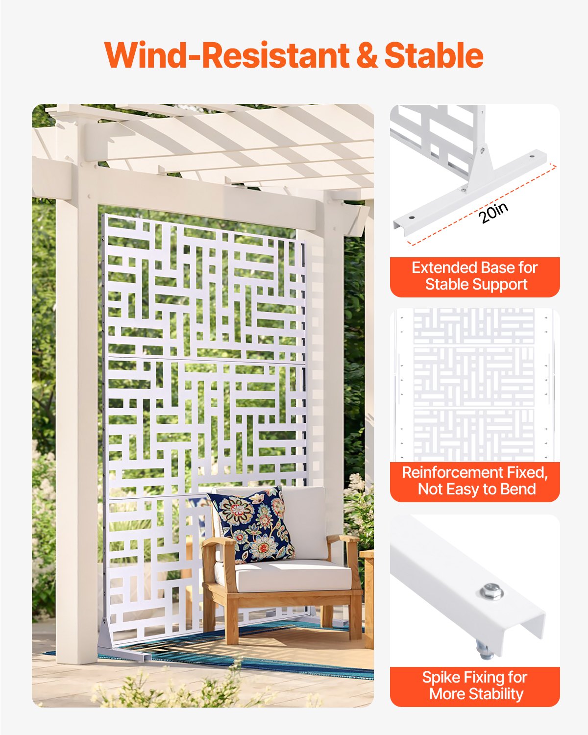 VEVOR Mampara de Privacidad de Metal de 120 x 50,8 x 193 cm con Soporte, Mamparas y Paneles de Privacidad Independiente para Exteriores de 3 Paneles para Jardín, Balcón, Patio, Habitación, Blanco
